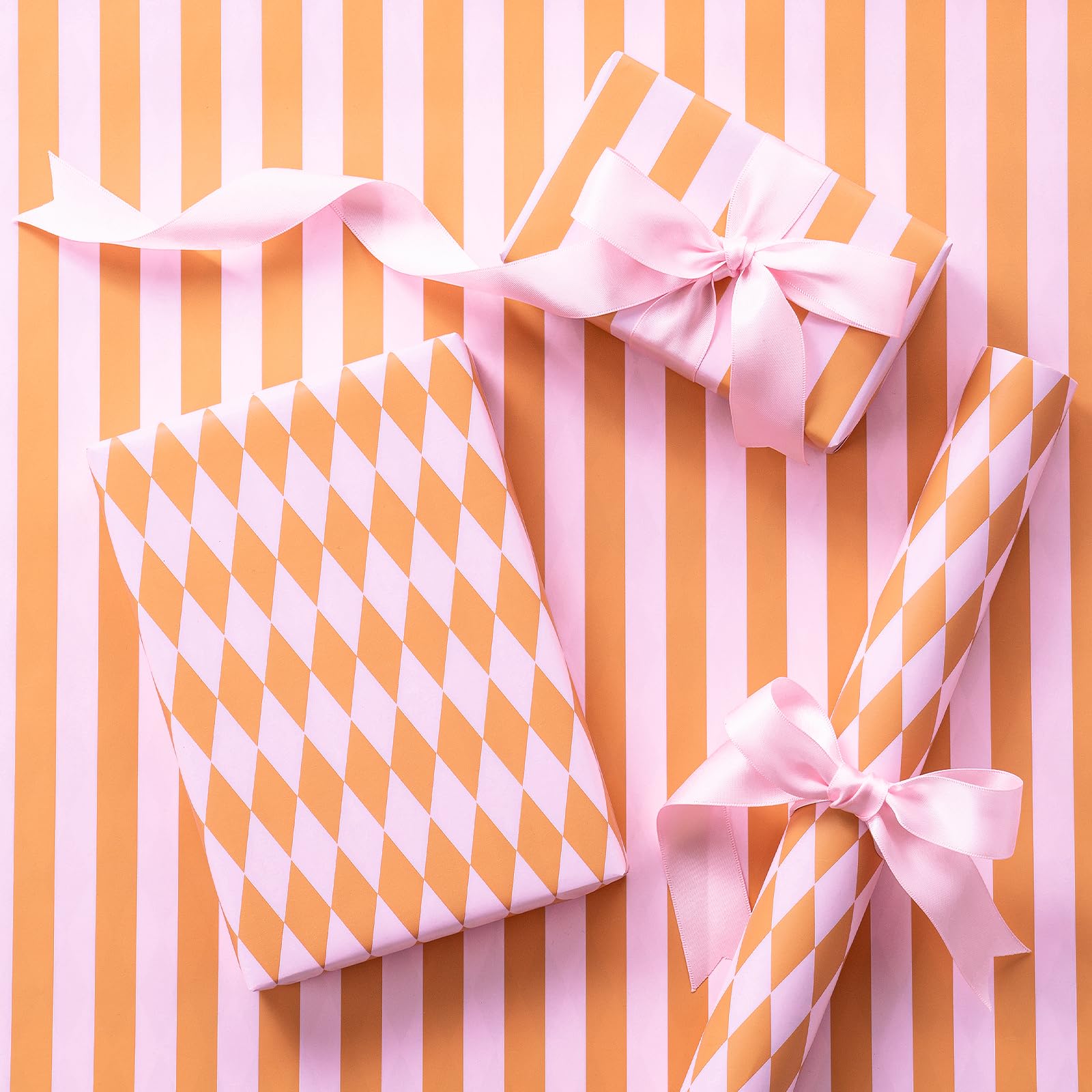 RUSPEPA Mini Reversible Gift Wrap Roll Pink Orange Stripes & Diamond Motif For Birthdays Baby Showers Weddings Easter Summer Gifts Holidays 43.2cm x 5m