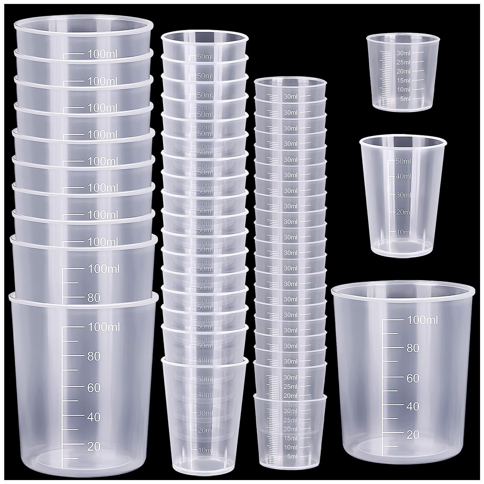25-teiliges Plastik-Messbecher-Set – Kunststoffbecher für Harz, Epoxid, Farbe, 30ml, 50ml, 100ml, Küchen- und Laborbedarf(50 pcs)