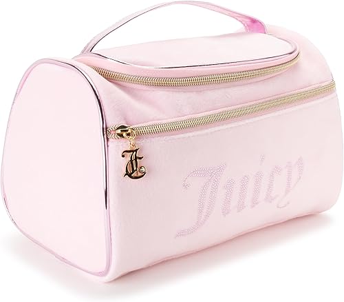 Juicy Couture Bolsa de maquillaje Organizador de cosméticos Esenciales de viaje Colgante Duffel Velour Rhinestones, Rosado, Bolsa de lona colgante