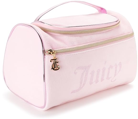 Juicy Couture Pink Makeup Bag Cosmetics Organizer Travel Essentials Hanging Duffel Velour Rhinestones - Pink