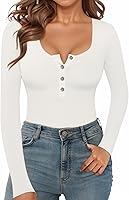 Vista 2 de MANGOPOP Women's Henley Shirt Scoop Neck Button Down Ribbed Sleeveless Tank Top Long Sleeve Short Sleeve Bodysuits