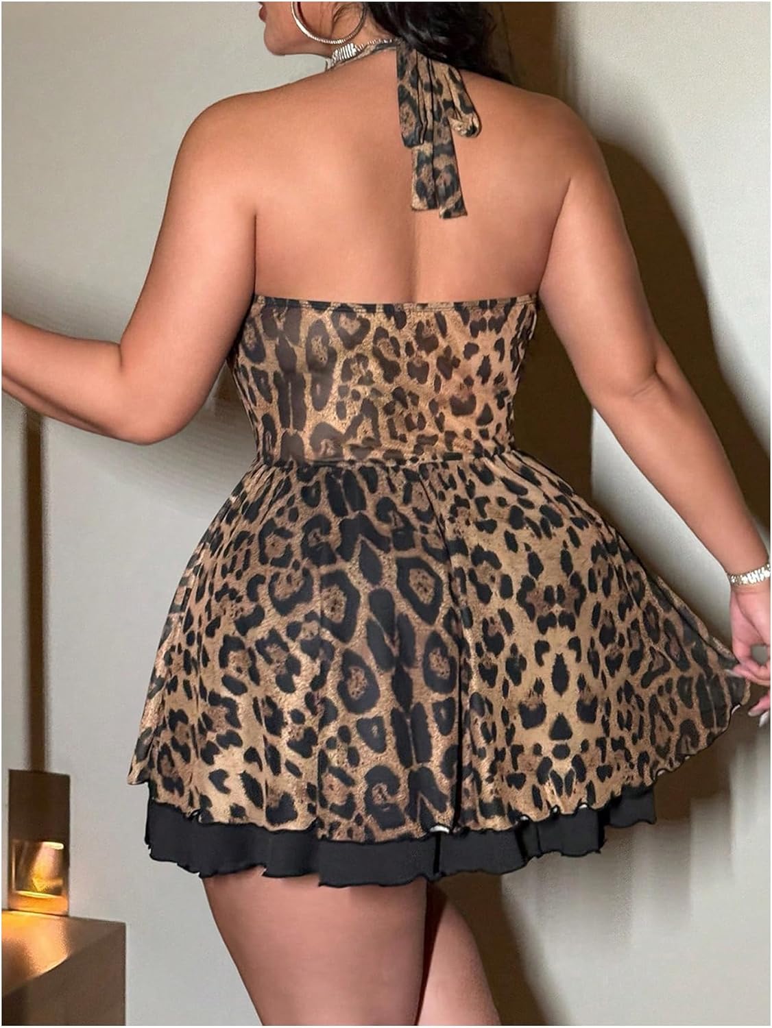 SweatyRocks Women's Plus Size Leopard Print Mesh Halter Dresses Gothic Open Back A Line Short Dress - Image 2