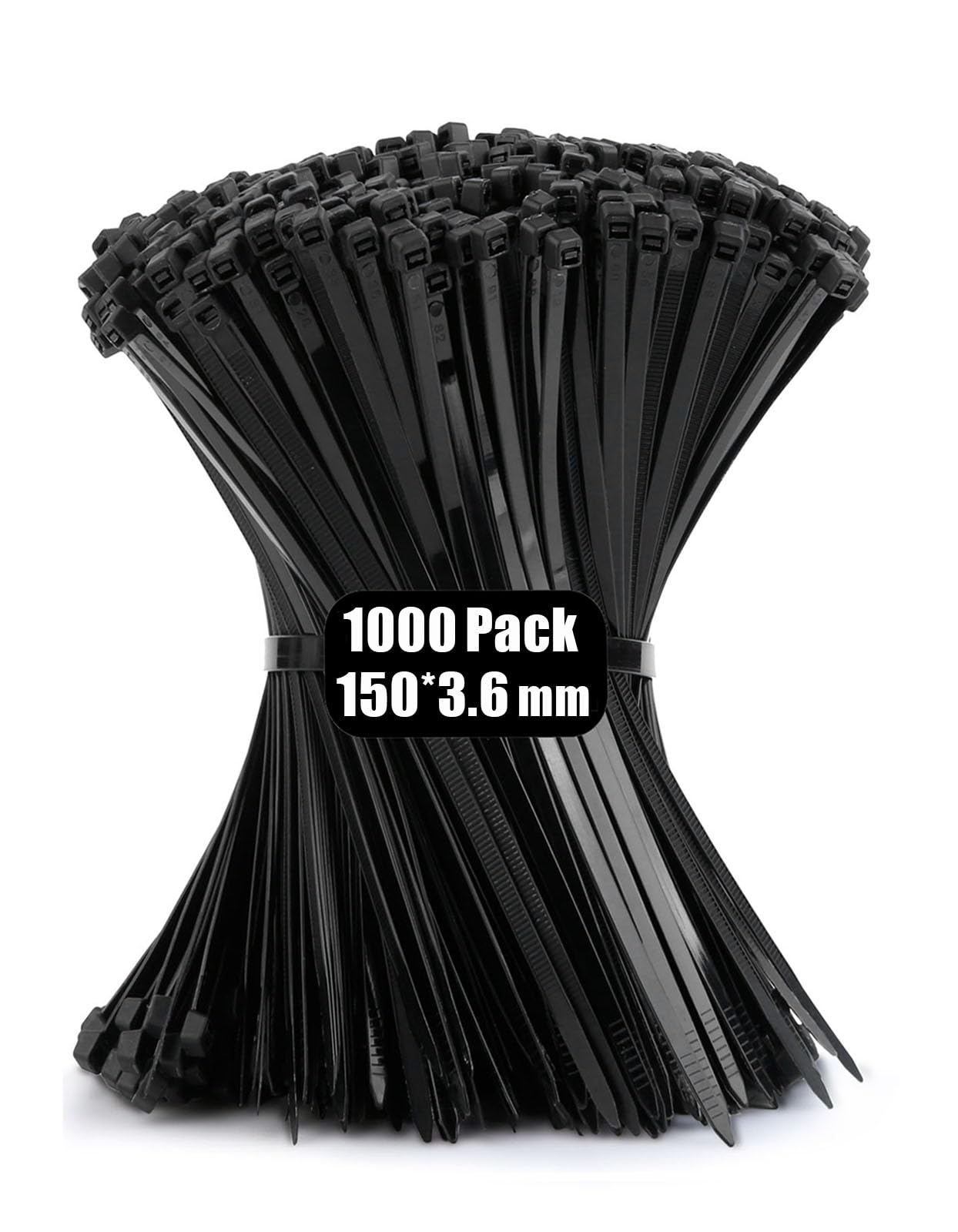 Viuxule Cable Ties 1000pcs, 3.6x150 mm Zip Ties Black, 6 inch Industrial Nylon Tie Wraps UV-Resistant