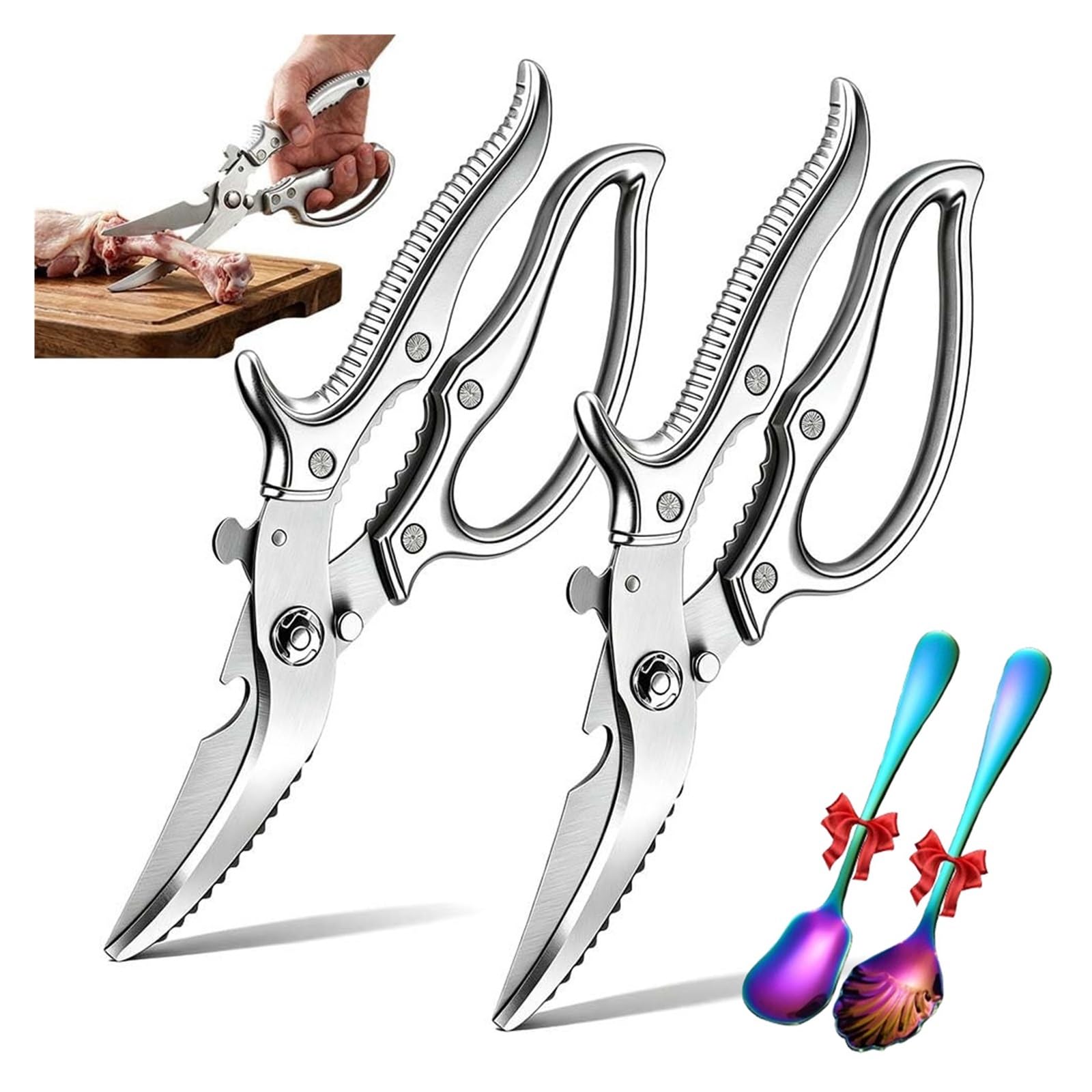 Heavy-Duty Multifunction Kitchen Scissors - Ultra Sharp Stainless Steel Shears with Built-in Bottle Opener,Includes a Beautiful Spoon Exquisite Choice