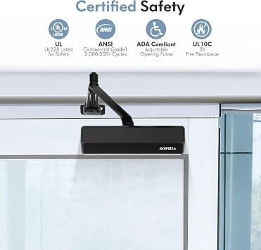 SOPHIA Door Closer Hold Open for Home, Door Closers Commercial Heavy Duty, Adjustable Speed & Spring Power 1-6, Hydraulic Door Closer Hinge Self Closing, No Slam, ADA & UL, DK4000, Matte Black