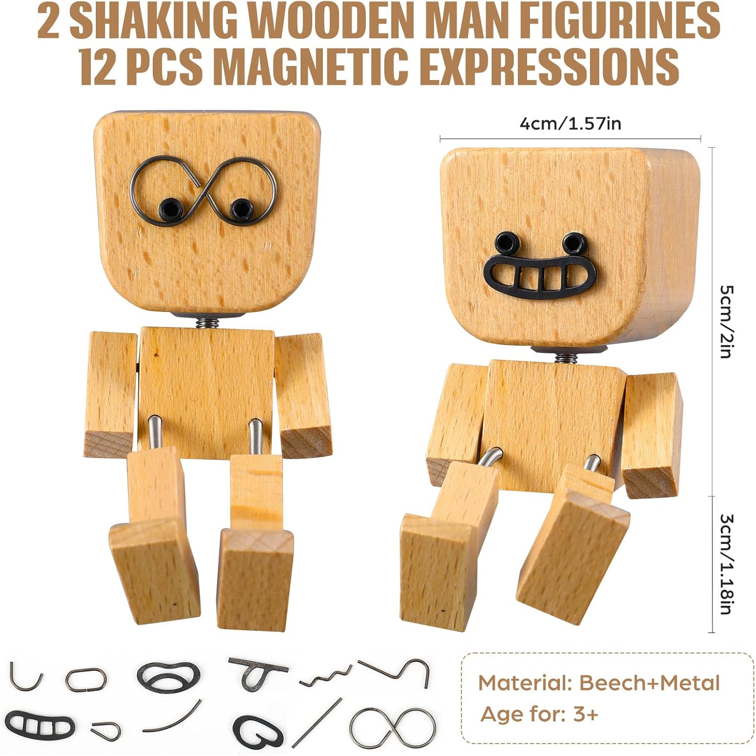 Novabright 2 Pcs Shaking Wooden Man Figurine with 12 Pcs Magnetic Expressions, Shaking Feet Wooden Doll for Car Dashboard Desktop Decorations Birthday Anniversary Handmade Women Man Gift - Image 2