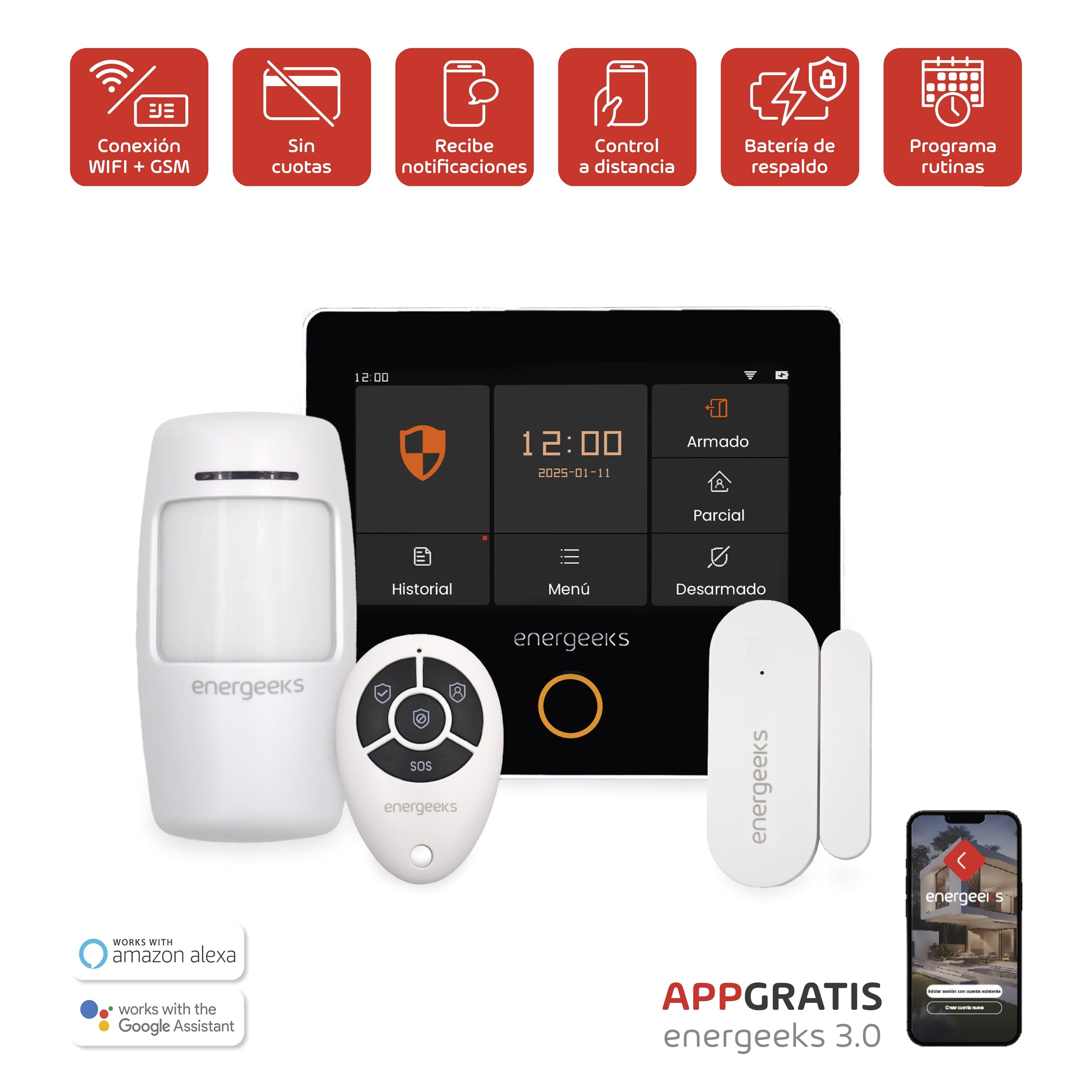 Energeeks - Sistema de Alarma WiFi - Compatible gsm - Incluye Pantalla Táctil, Sirena y Sensores de Movimiento/Apertura - hasta 200 Sensores Adicionales - App Móvil - Compatible con Alexa/Google