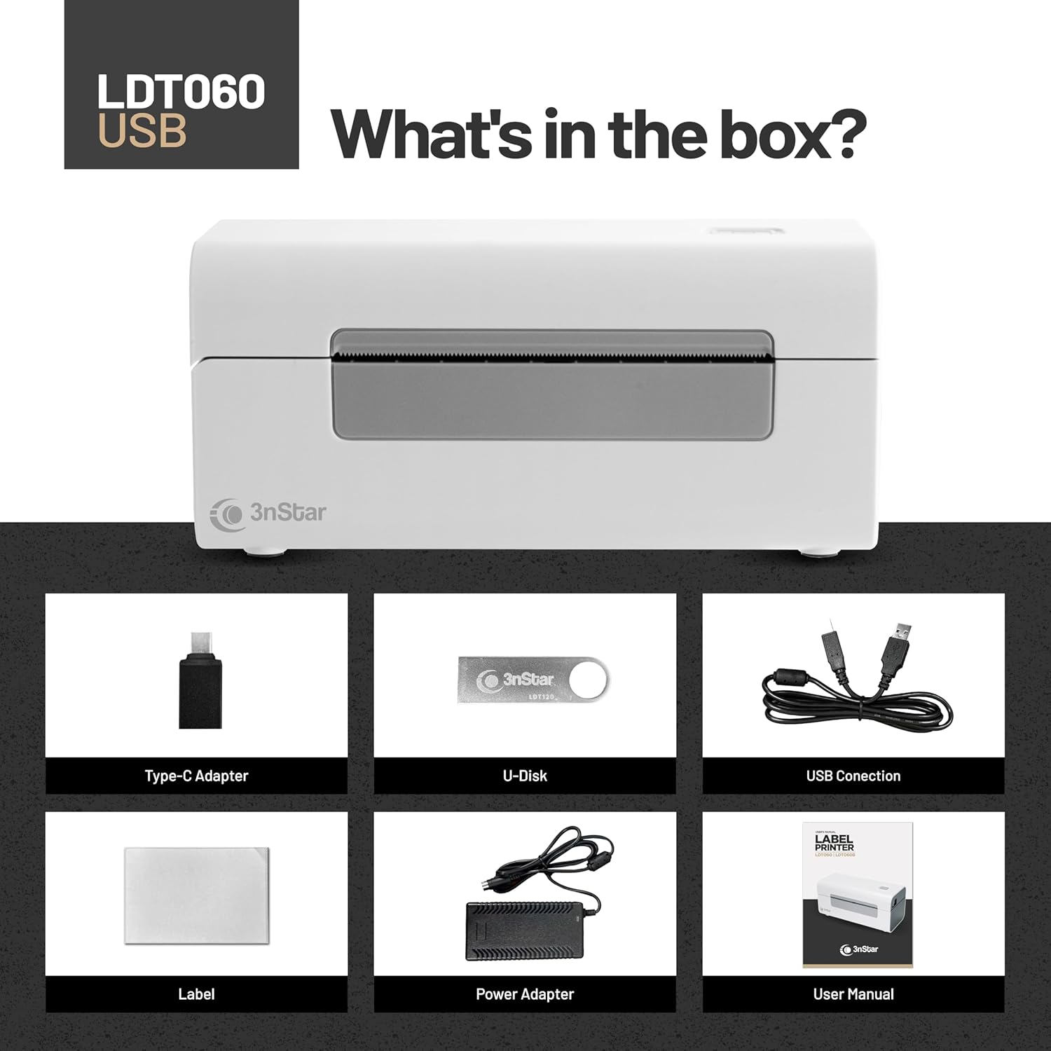 3nStar Direct Thermal Printer for Shipping Labels | 4x6 Product Labels | USB | Compact, Portable | Home & Business | LDT060