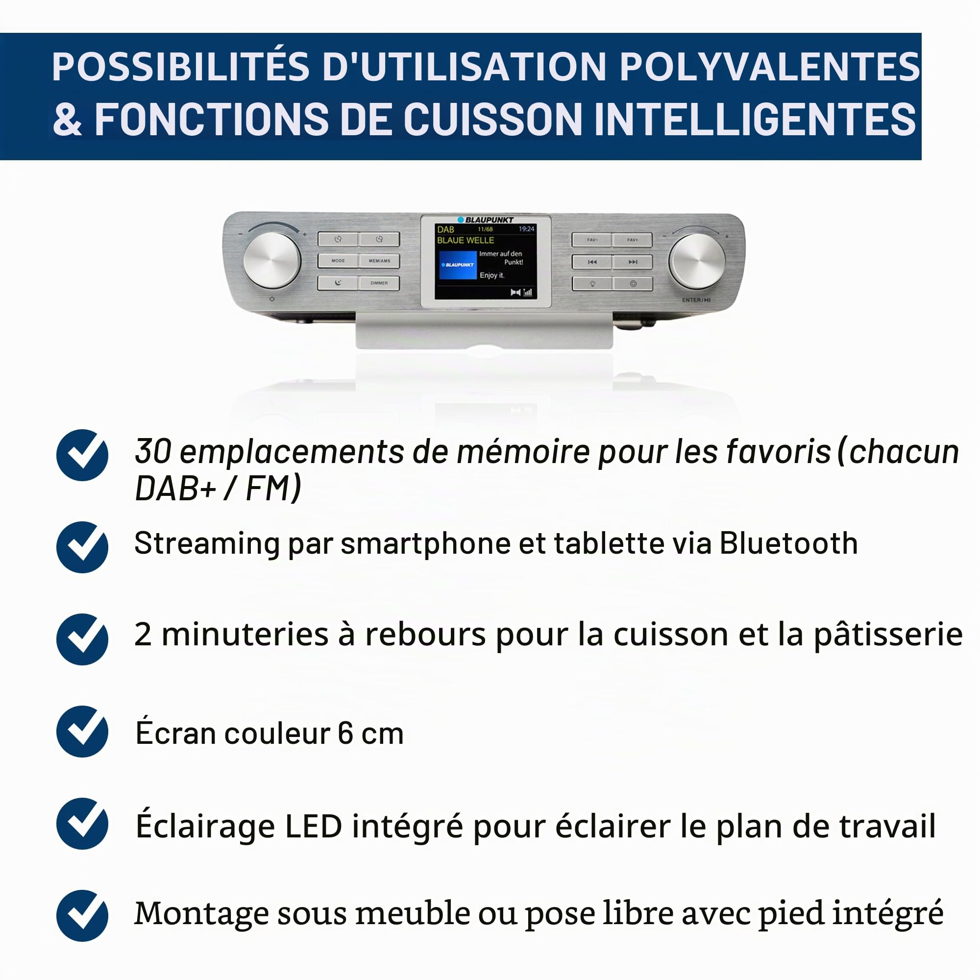 Blaupunkt KRD 100 Radio de cuisine avec DAB+, mémoire et FM PLL avec matériel de montage et support, écran LED et lumière, puissance musicale 2 x 2 W (RMS), radio DAB Plus