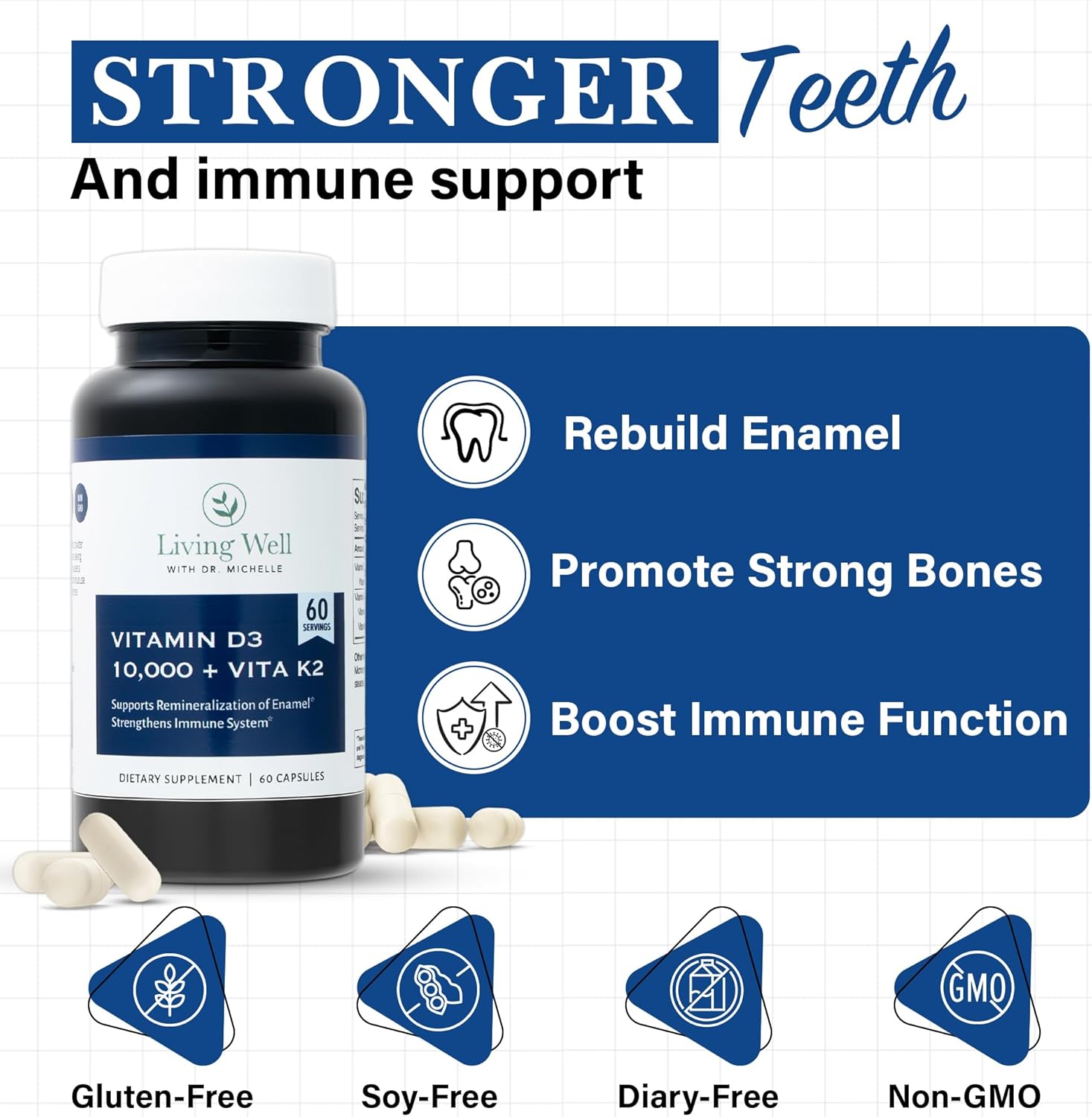 Living Well with Dr. Michelle Vitamin D3 10,000 IU with K2 – Immune, Teeth, Bone Health Support, Non-GMO, Gluten & Dairy Free, 60 Day Supply, 60 Capsules