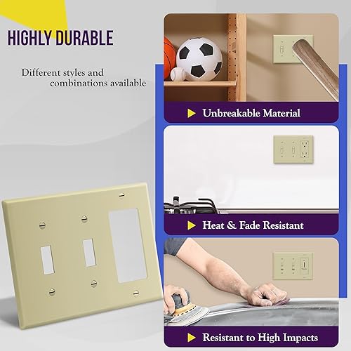 Miniatura 4 de ENERLITES Placa de pared combinada de doble palancaindividual decorador de salida basculante, tamaño estándar, cubierta de interruptor de luz de 3