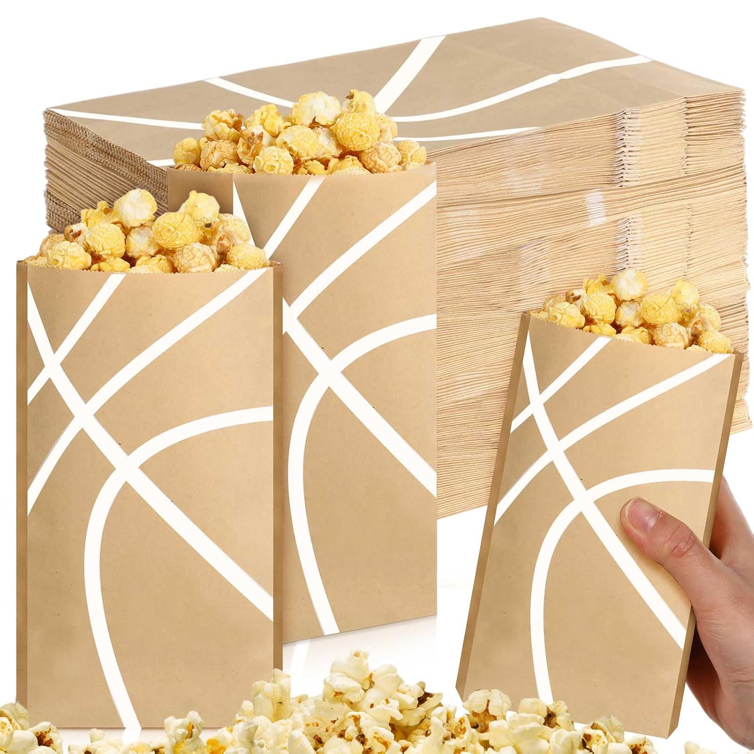 Fullhawl 100 Pcs Basketball Popcorn Bags Basketball Goodie Bags Large Brown Kraft Papers Disposable Candy Snack Treat Bag for Sports Party Birthday Supplies