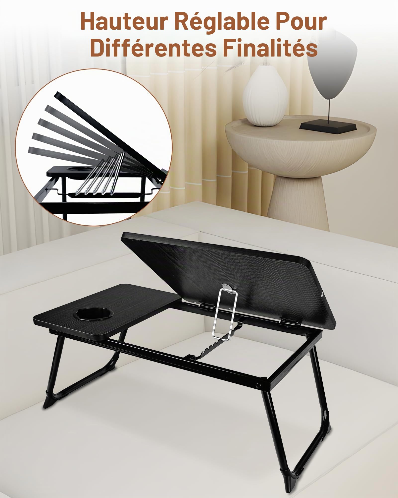 Plateau de Lit Pliable 55.5x32x25cm - Table de Lit avec Support Ordinateur Portable, Support Livre et Porte-Gobelet, 5 Positions Inclinaison jusqu'à 20kg (Noir)
