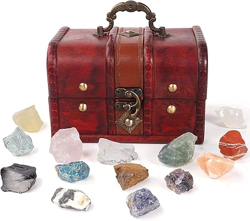 Soulnioi Juego de 14 piedras curativas de cristales de chakra y piedras crudas con caja de madera de regalo para principiantes meditación reiki
