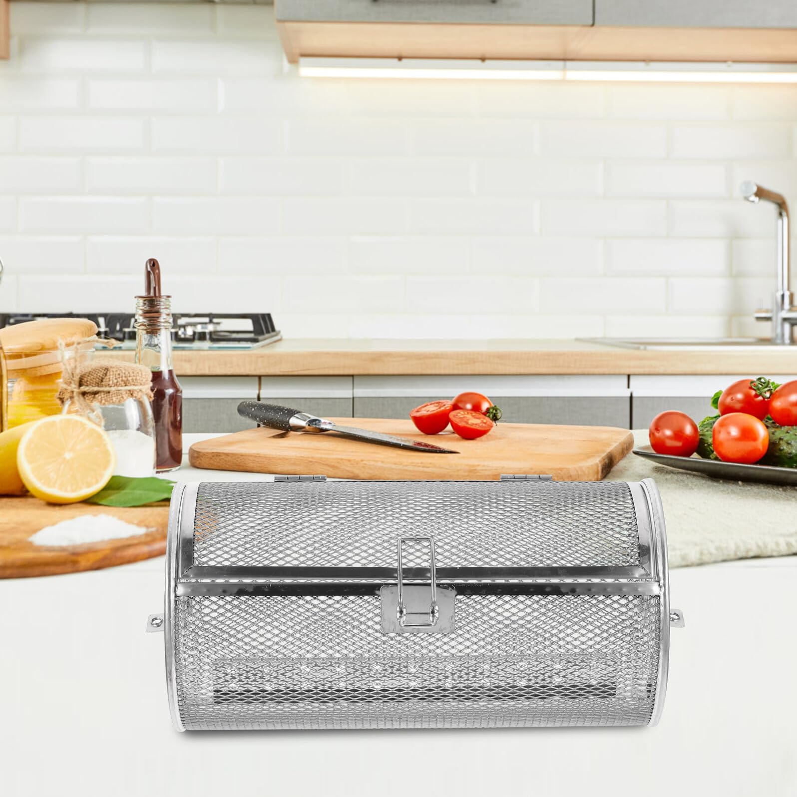 Griglia rotante in acciaio inox con porta mobile, accessorio versatile per barbecue per arrostire noci, verdure e riunioni di famiglia, ideale per forno e grill all'aperto