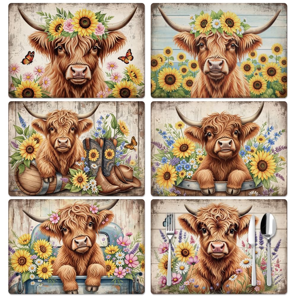 Peacoblue Table Placemats Set of 6,Highland Cattle And Sunflower Vinyl Place Mats