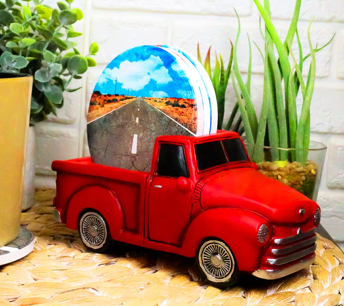 Ebros Vintage Classic Old Fashioned Red Pickup Truck Hauling Road Trip Route 66 Decal Coasters Figurine Set 6.5" Long Kitchen Table Bar Countertop Furniture Surface Protector Decorative Accent