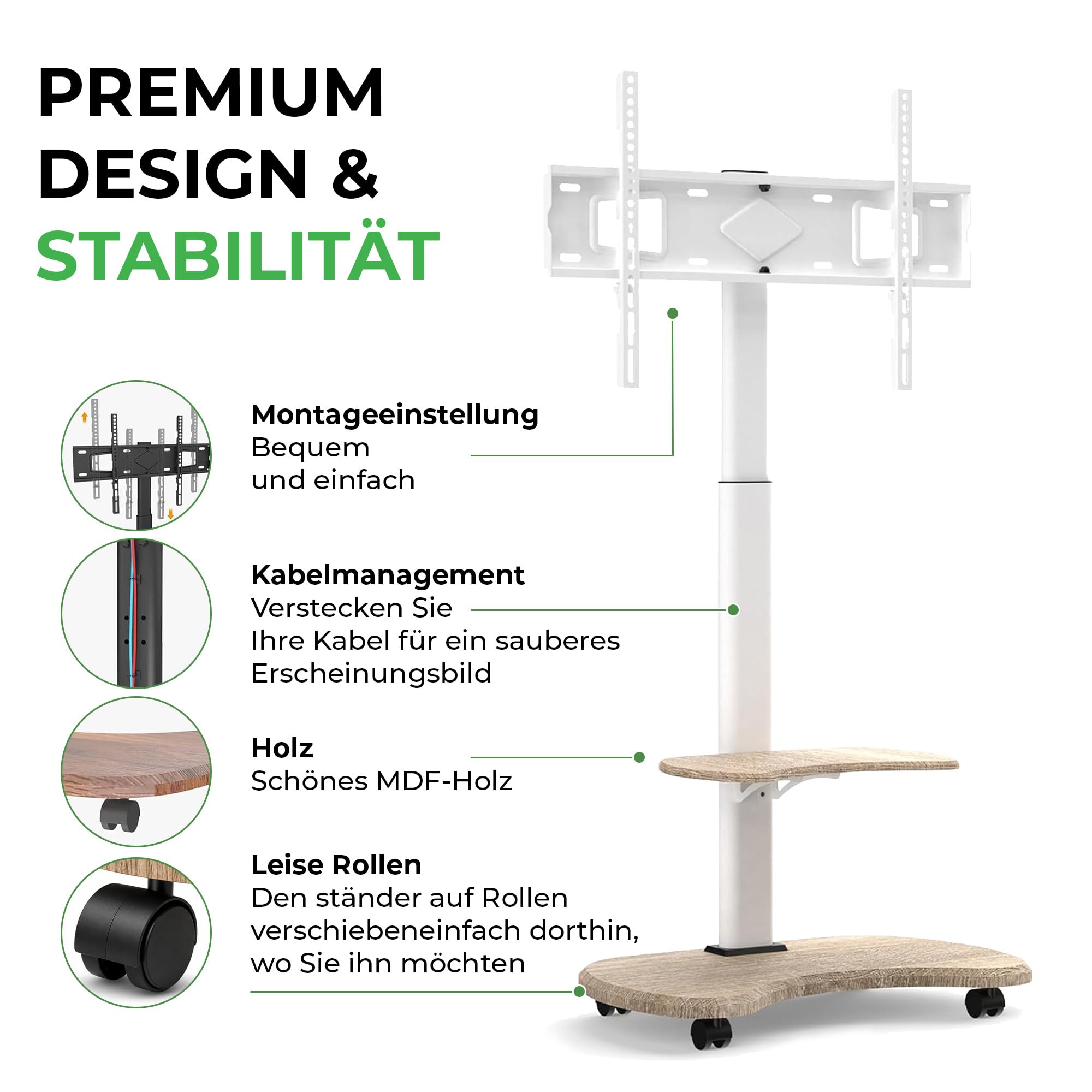 Stellar TV Ständer Rollbar mit Holzregal - Höhenverstellbar Schwenkbar TV Rollwagen mit Rollen für 32-70 Zoll Fernseher bis zu 45 kg - Universal TV Standfuss Max VESA 600x400