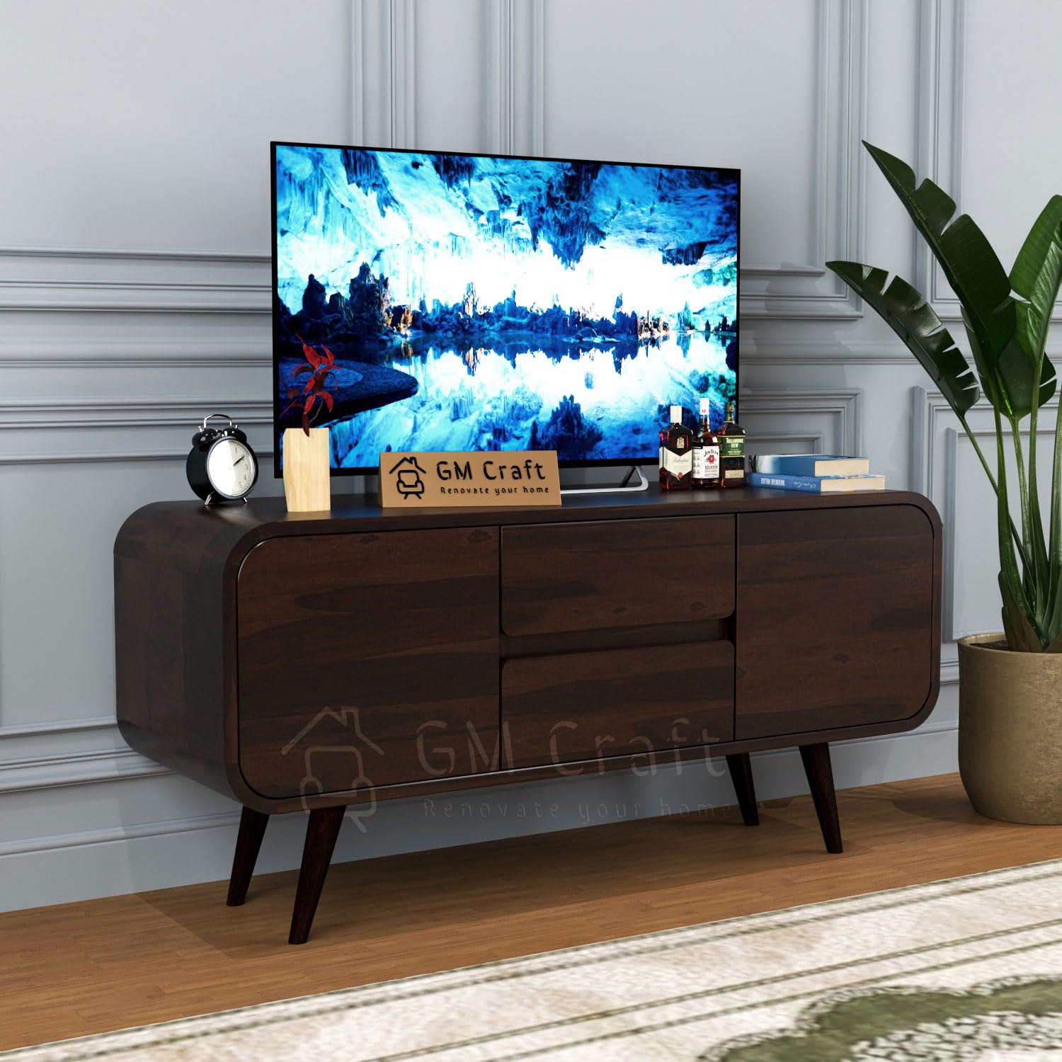 gm craft solid sheesham wood tv unit for living room, tv entertainment unit, tv cabinet with 2 drawers & 2 cabinet storage (walnut finished, design 1)