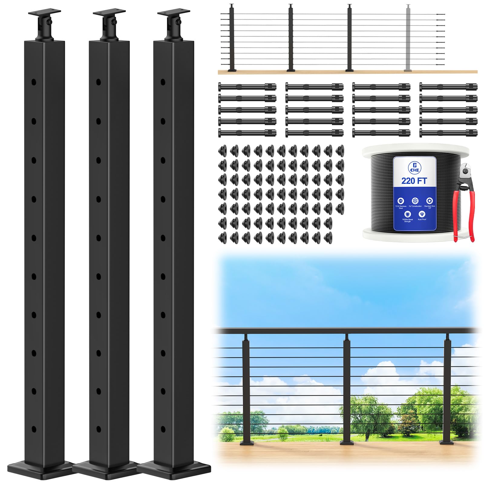 CKE 10-15ft Complete Set 36" Cable Railing Post Kit, 3Pack Adjustable Top Level Drilled Line Posts(35"x2"x2"), 220ft 1/8" Wire Rope, Black Swageless