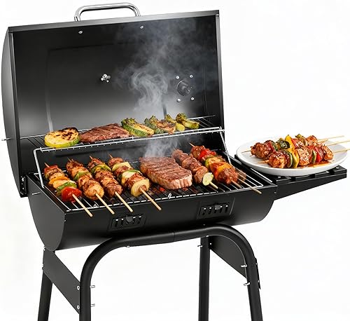 Miniatura 2 de Outvita Parrilla de carbón de barril con estante de calentamiento, parrilla de barbacoa al aire libre con mesa frontal lateral con amplia área de