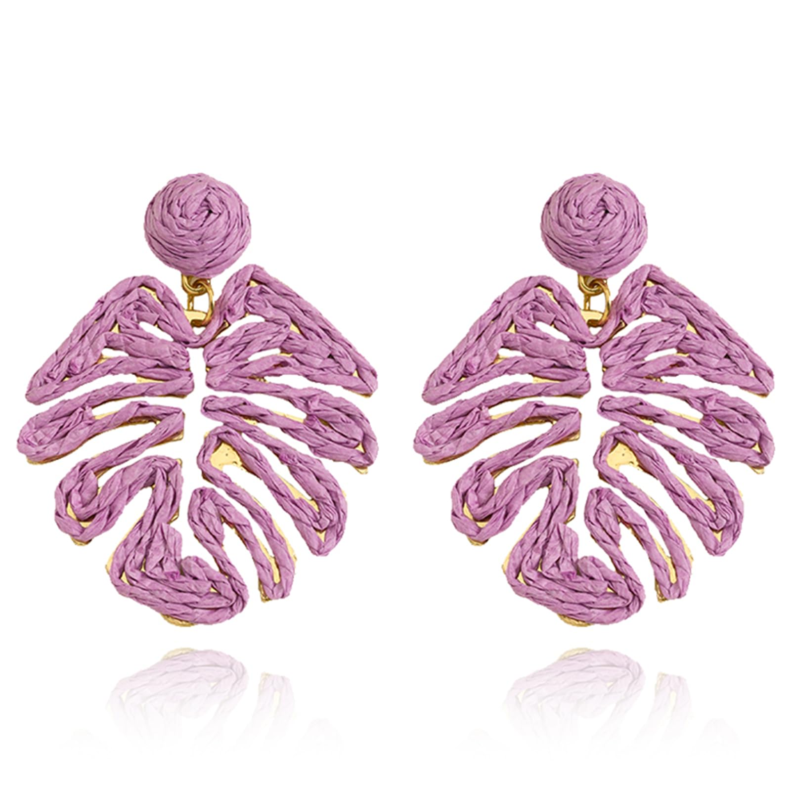 QLYOVWE Raffia Palm Leaf Drop Dangle Earring for Women Handmade Boho Statement Earrings Lightweight Tropical Green Plant Earring for Summer Holiday