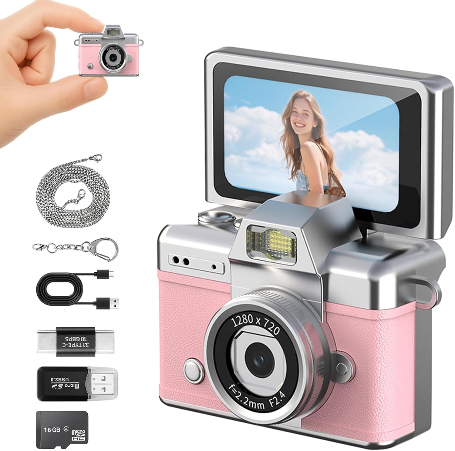 Mini Keychain Camera with Flip Screen Series,1080P HD Multiple Shooting Recording Modes, Portable Digital Camera with 16GB SD Card for Travel, Party. Ideal Pendant Gift