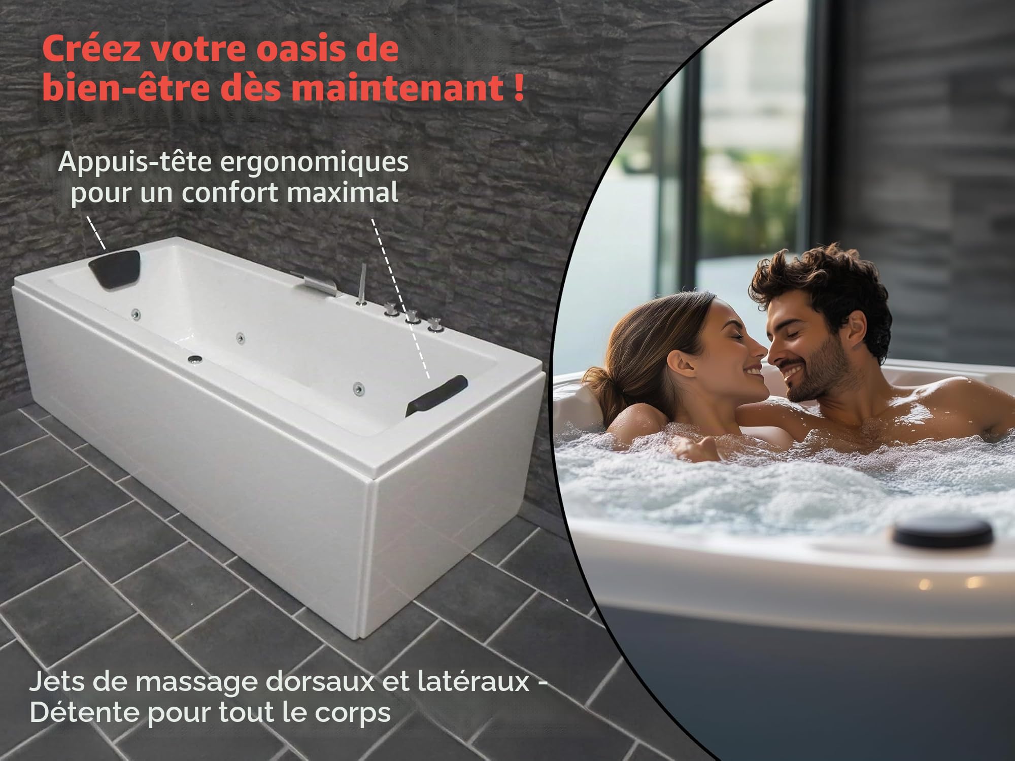 WHIRLPOOL Baignoire Venise MADE IN GERMANY droite ou gauche 150/160/170 x 75 cm avec 6 Jets de massage + avec installations ronde droits / GAUCHE Baignoire d'angle
