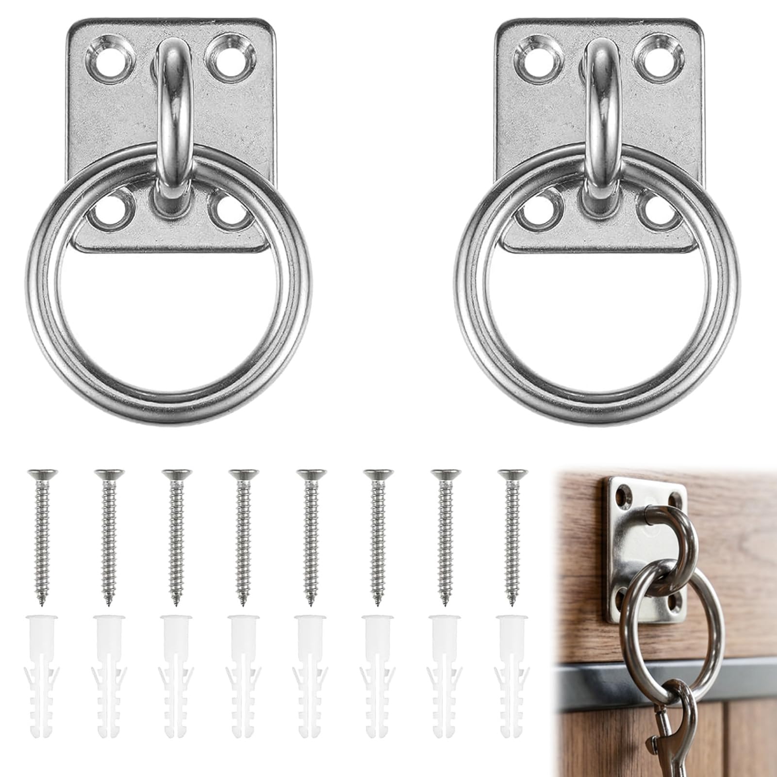 Horse Tie Up Rings, 2 Sets Stainless Steel 304, Heavy Duty D Rings on Plates with 4 Screws and Plugs, Shade Sail Fixing Accessories Durable