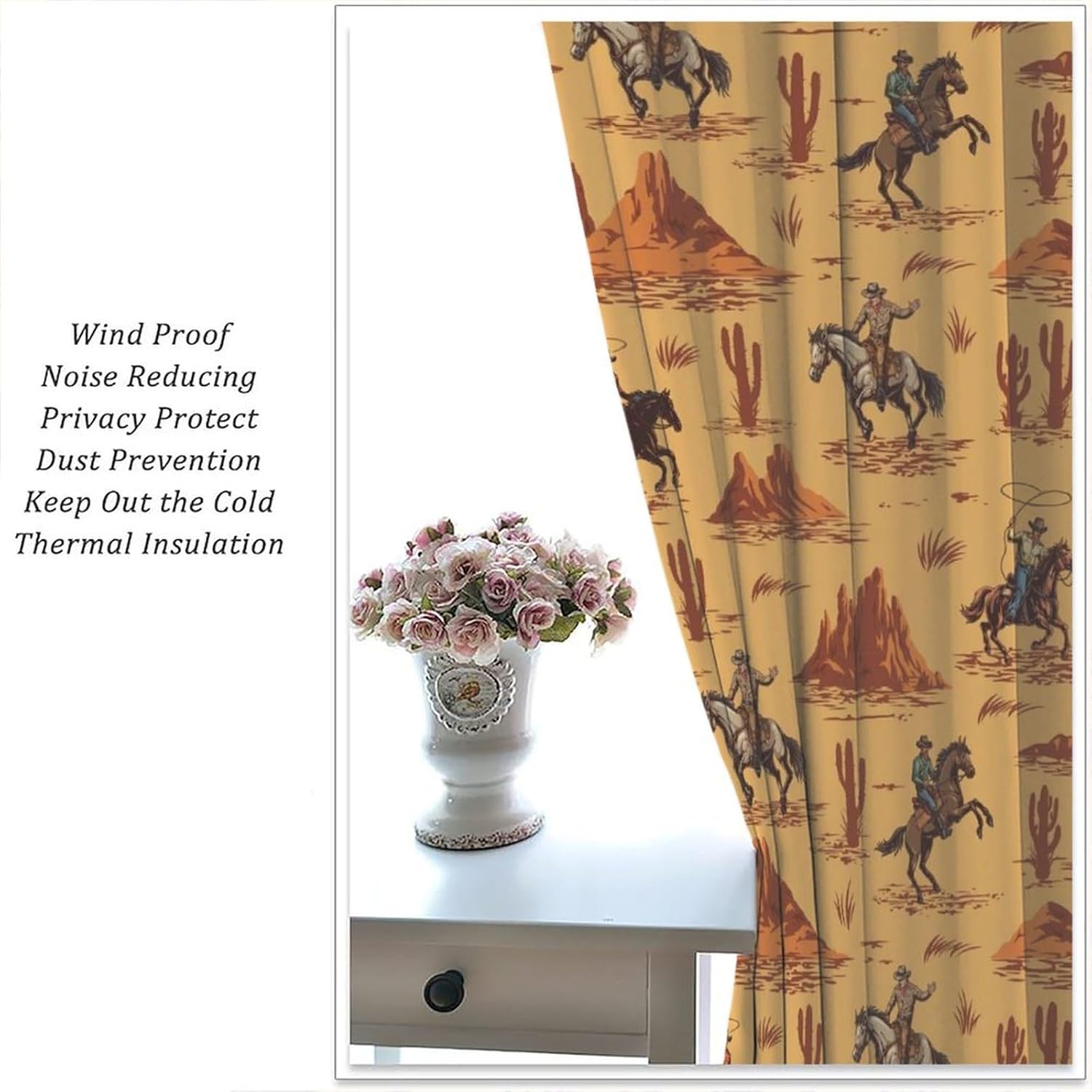 Vintage West Cowboy Curtains Wild Western Cowboy and Horses Cactus Print Blackout Rod Pocket Drapes for Bedroom Living Room Decor Room Darkening Window Treatments Set 2 Panels,42x63 Inches
