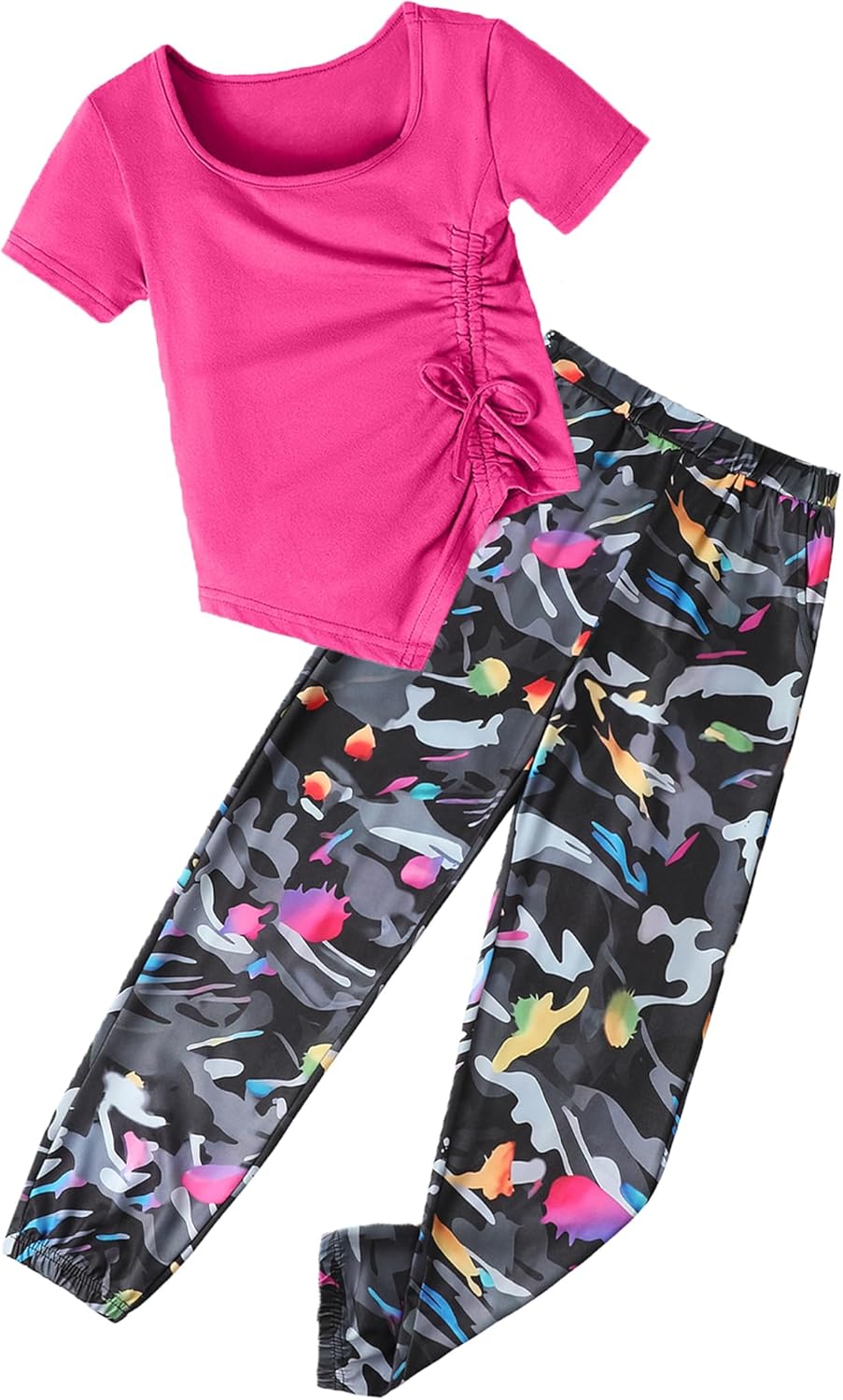 Girls Clothes Size 8 Irregular Ruched Drawstring Short Sleeve Top and Camouflage Pants 2Pcs Girls Camo Outfits Sets