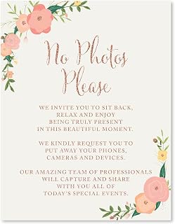 Andaz Press Wedding Party Signs, Faux Rose Gold Glitter with Florals, 8.5x11-inch, No Photos Pretty Please, No Phones Cameras Devices Sign, 1-Pack, Colored Decorations