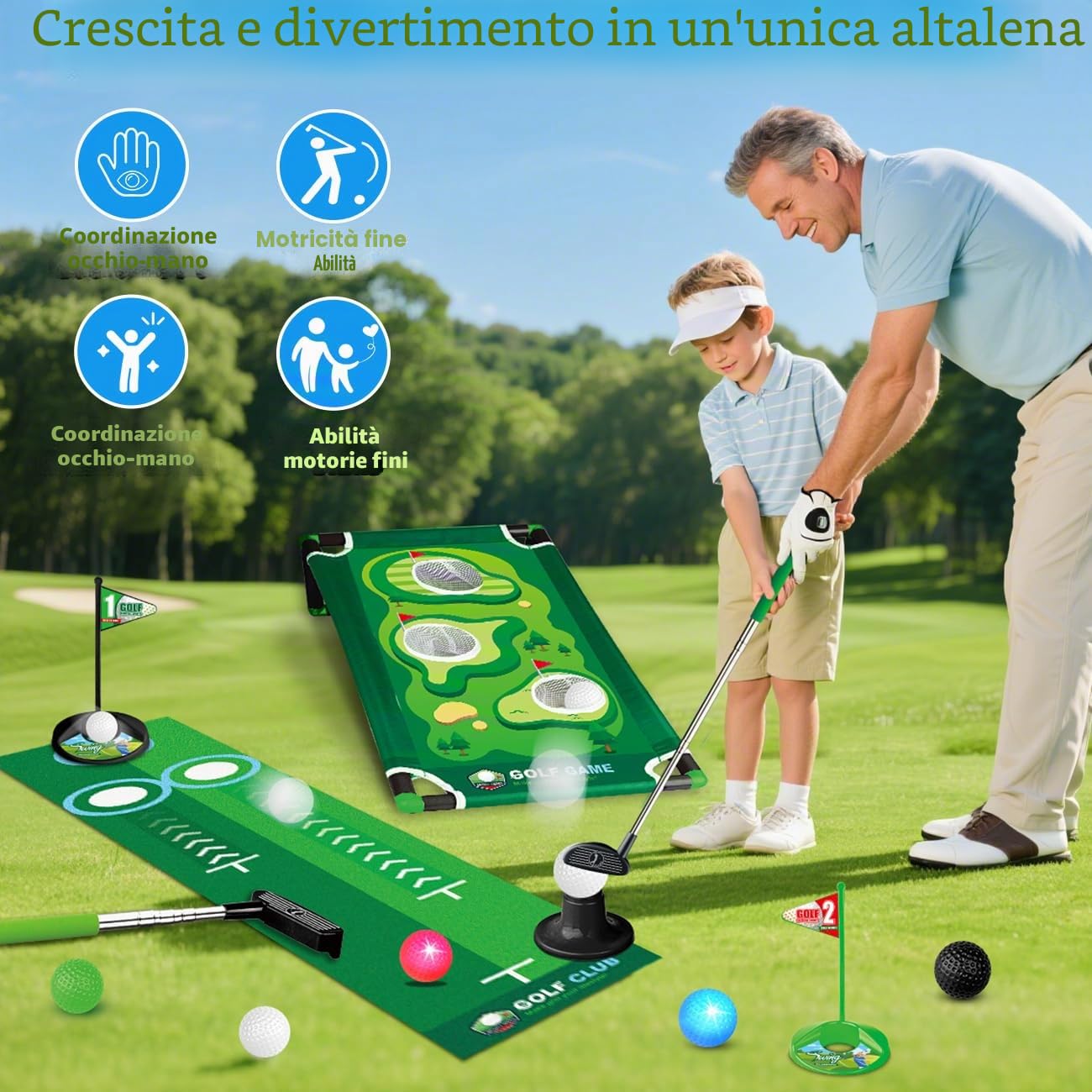 TERRAMUS Set da Golf 3 in 1 per Bambini con Ritorno Automatico Golf Dinosaursco, Tavolo da Golf Cornhole,Palline Luminose al LED,Tappeto per Il Putting,Mini Giochi di Golf,Regalo per Bambini 3-8 Anni