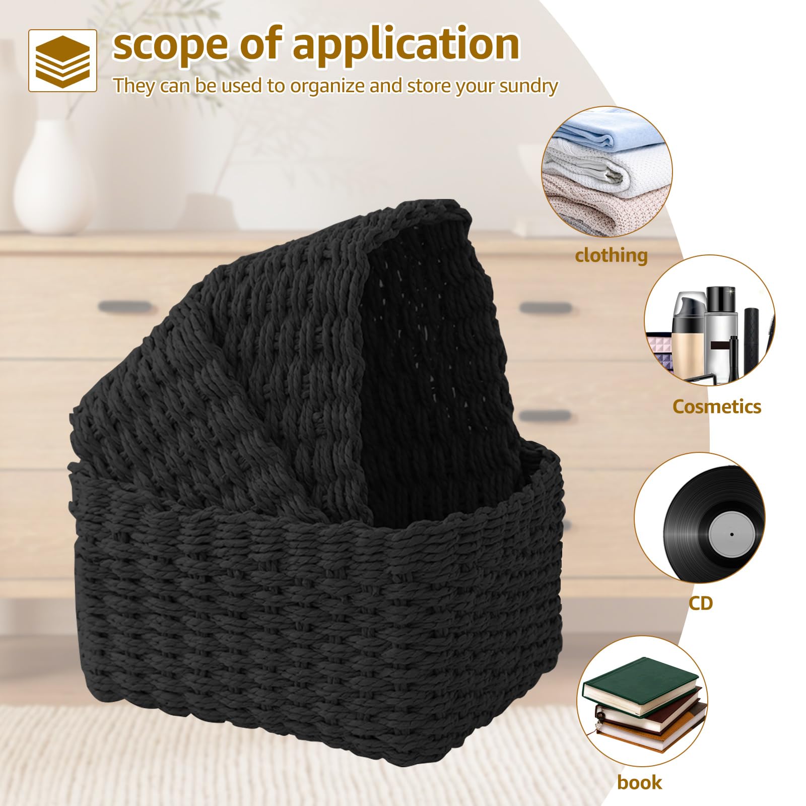 Set of 3 Storage Baskets for Organizing Grass Woven Desktop Basket Decorative Woven Baskets Multifunctional Toy Basket Cosmetics Display Hampers for Nursery Living Room Laundry Room Bedroom(black) - Image 4