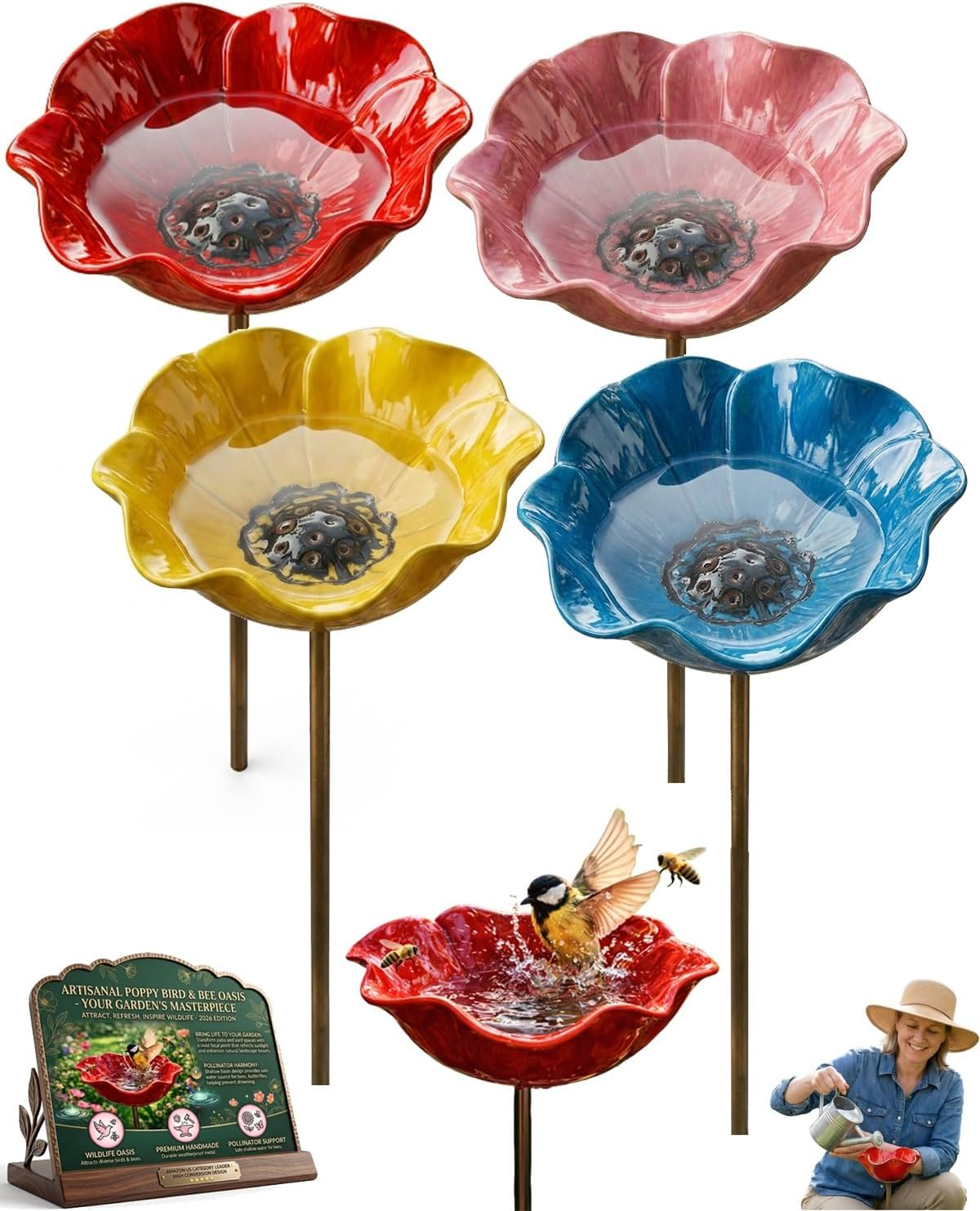 Handmade Metal Flower Garden Stakes Bird Bath Mini Bird Bath & Pollinator Water Station Everlasting Garden Blooms Metal Birds Baths Flower Birds Baths Outdoor Yard Art Decor Unique Gift