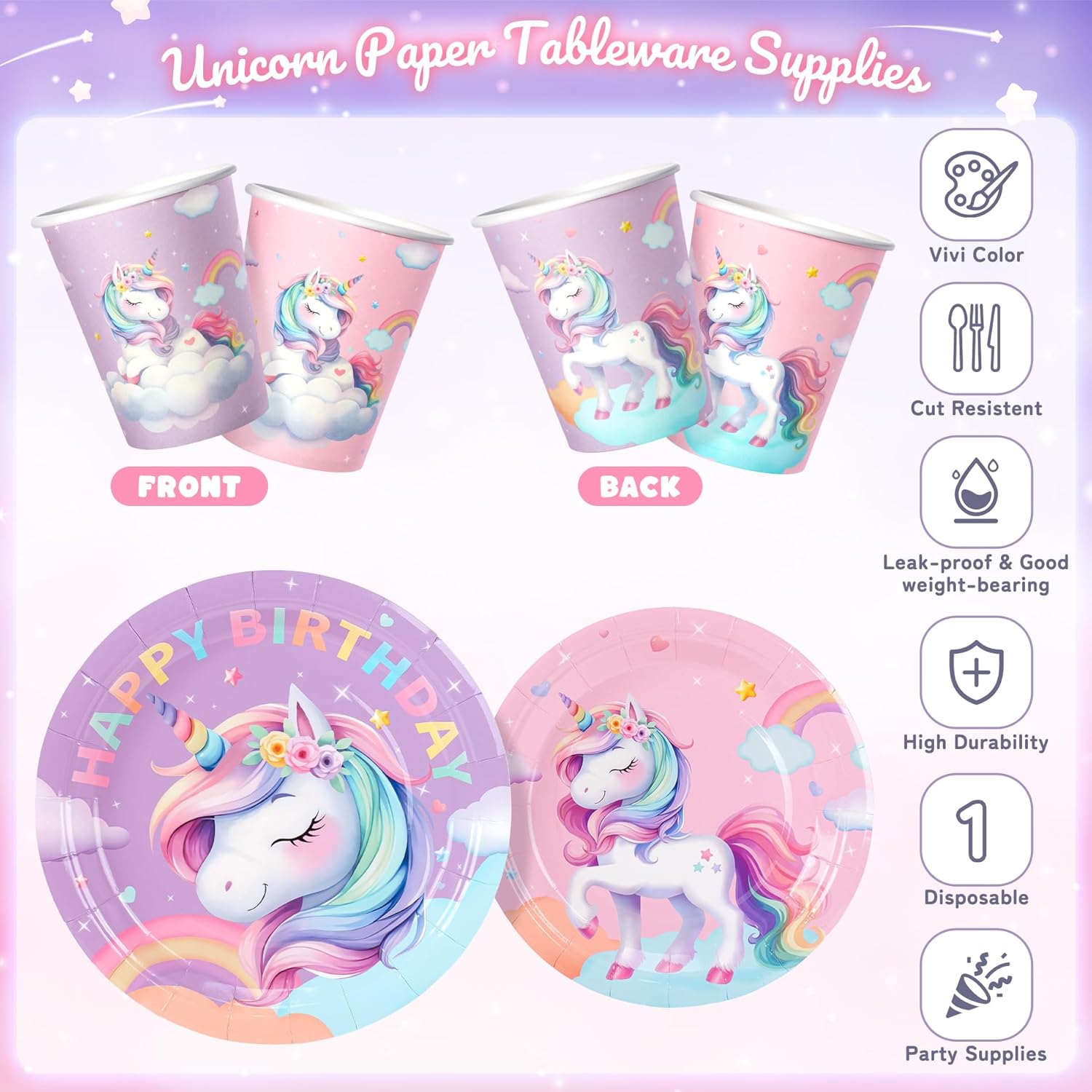 171Pcs Unicorn Birthday Party Decorations with Unicorn Rainbow Banner and Tablecloth, Birthday Party Supplies with Plates Cups Napkins Straws Cutlery, Pink Purple Disposable Tableware for 24 Guests - Image 7