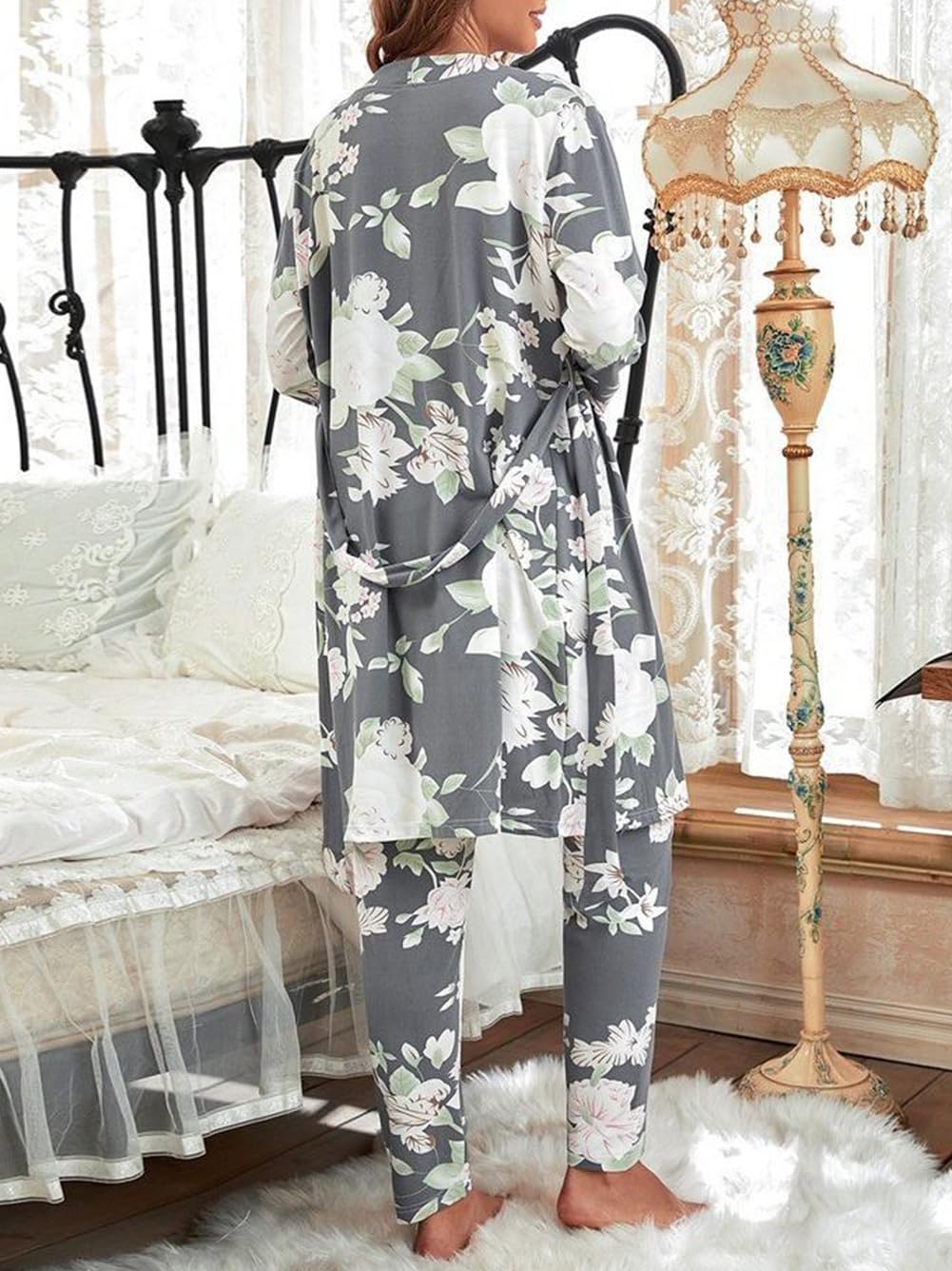 Ensemble de pyjama 3 pièces pour femme Imprimé floral Doux Vêtements d'intérieur Robe à manches longues Vêtement de détente Pantalon long Vêtements de nuit Vêtements de nuit