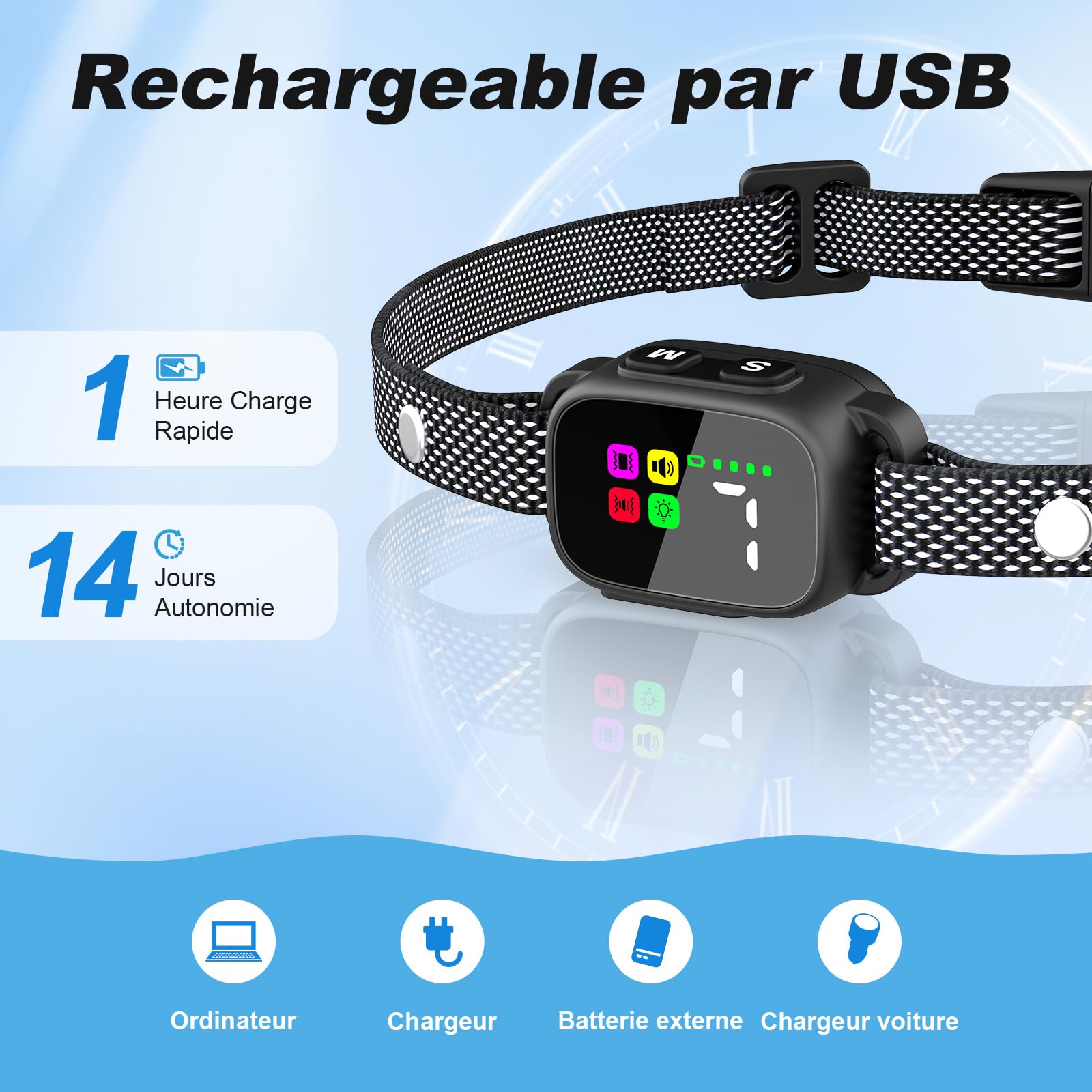 MASBRILL Collier Anti Aboiement pour Petits Chiens, Rechargeable Anti Aboiement Collier Dressage avec 3 Modes Son/Vibration, 7 Niveaux de Sensibilité