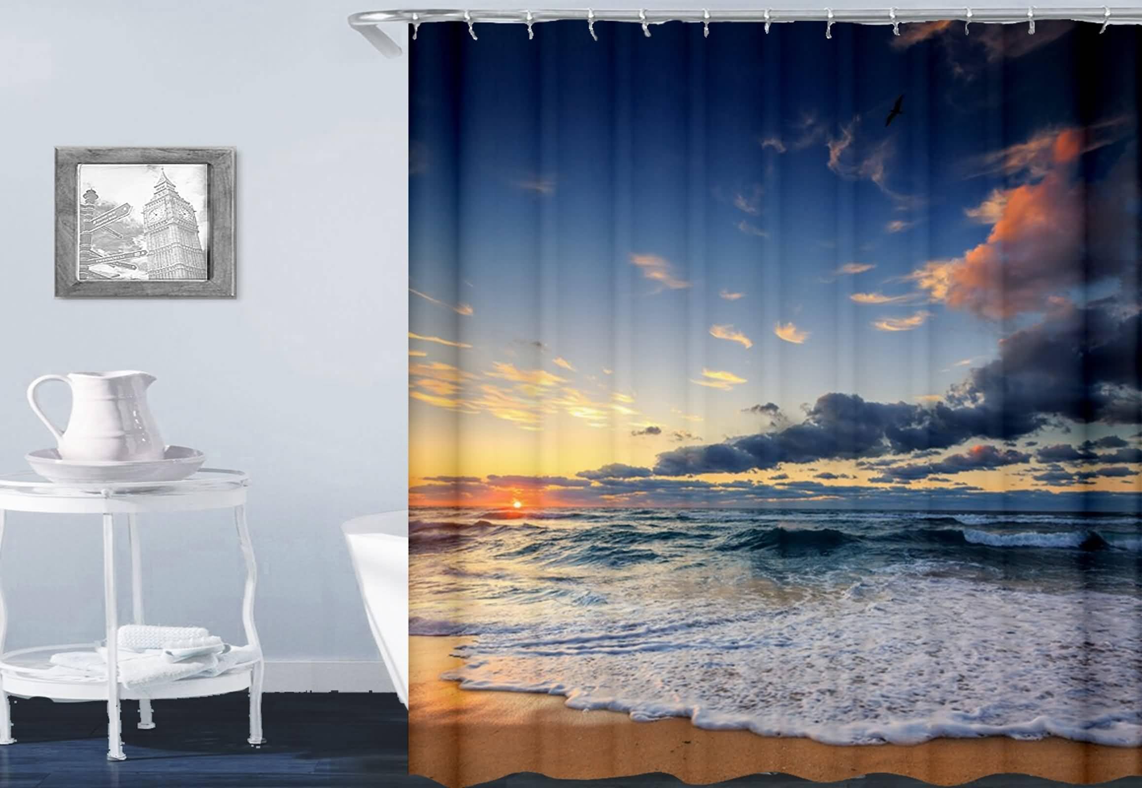 Tenda Bagno Doccia Tessuto, Poliestere Multicolore Tramonto e mare Tenda vasca da bagno, lavabile, asciugatrice rapida, 165x200cm