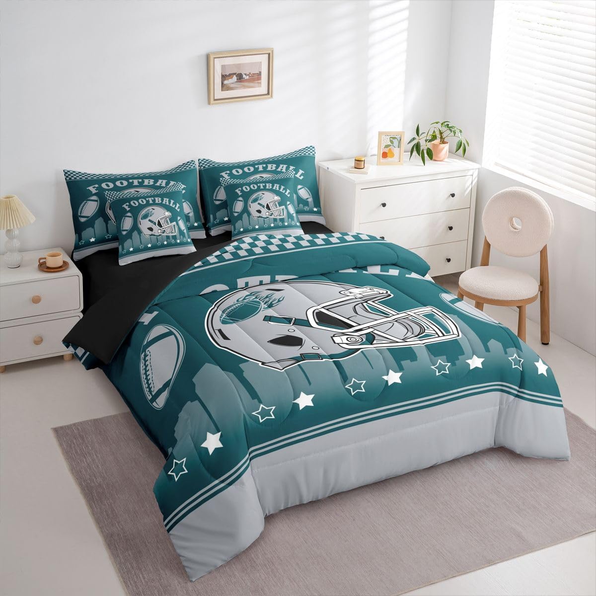 Erosebridal Sports Bedding Set Boys Football 7 Pcs Comforter Set Queen for Football Gifts,Sport Rugby Bed in A Bag with Flat and Fitted Sheet Yellow and Black Room Decor