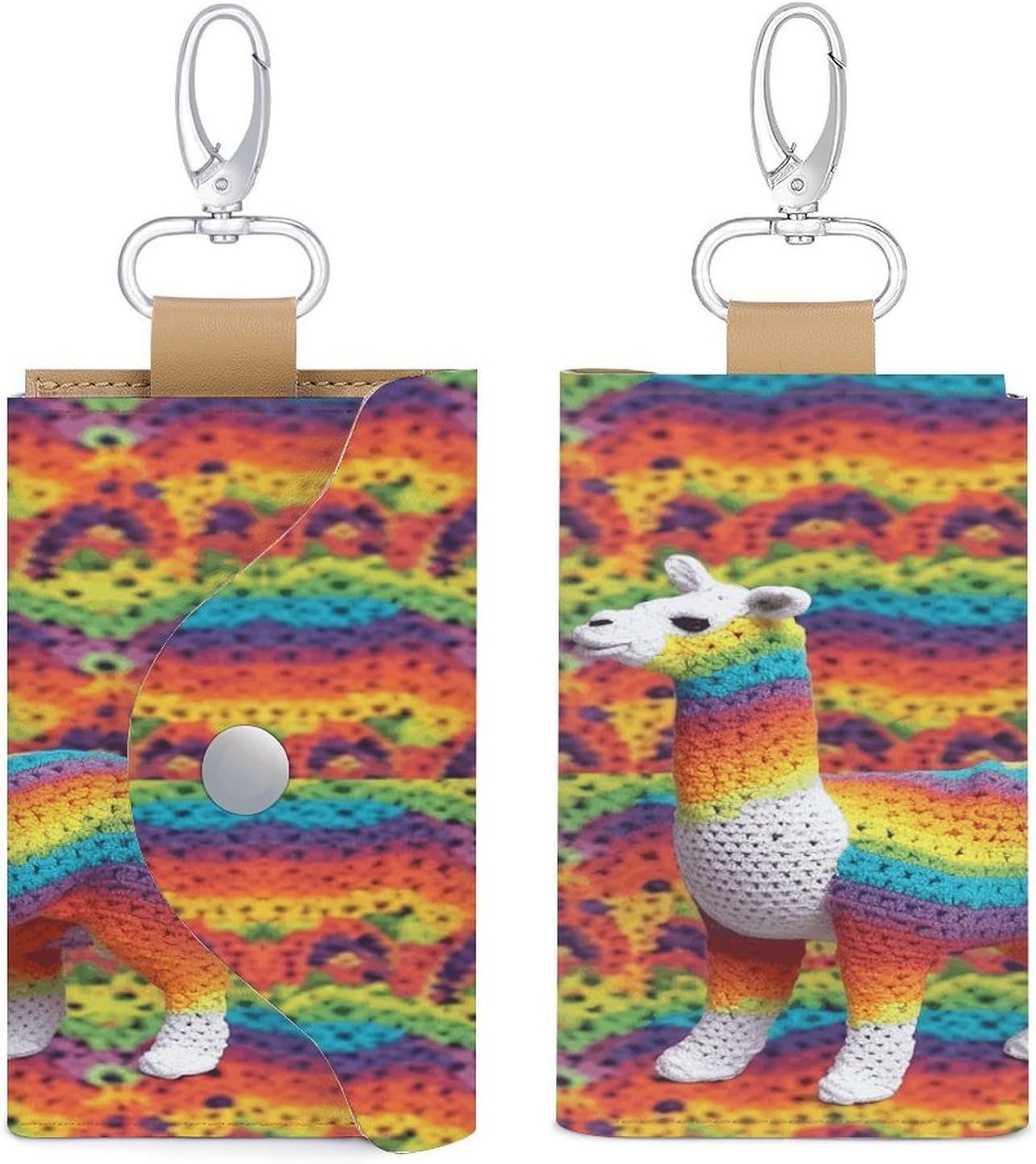 Leather Keychain Holder Pouch with 6 Key Holders Hook,Rainbow Camel Pattern Car Key Case Wallet Hook Snap Card Keys Money Organizer Case