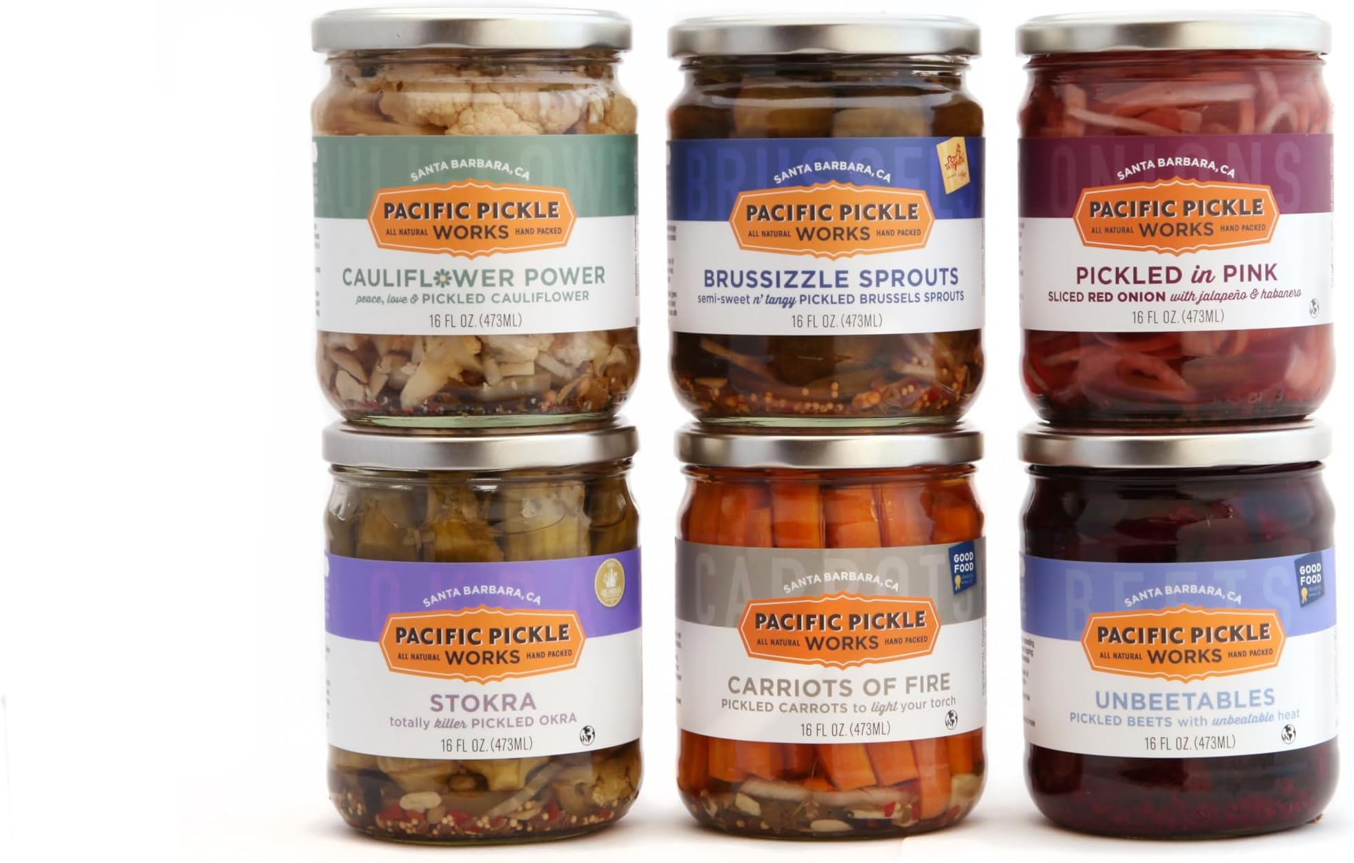 Specialty Variety Pickles Gift Pack (6-pack) - variety of pickled Brussels sprouts, pickled carrots, pickled beets, pickled fennel, pickled okra and pickled cauliflower