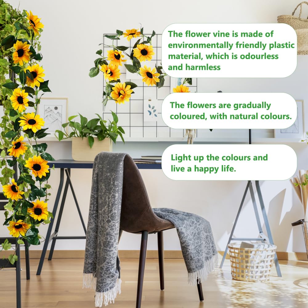 Guirlande Tournesol Artificielle - 3 Pièces De 2.25 M Avec 10 Fleurs Chacune - Diamètre Fleur 11.2 Cm - Pour Mariage, Fête, Décoration