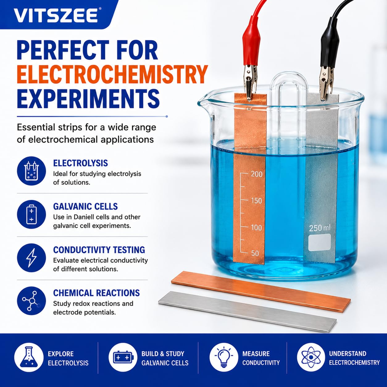 VITSZEE Zinc Copper Electrode Strip Set (150mm x 15mm x 1mm) | High Purity Strips for Electroplating, Electrochemistry, Electrolysis, Galvanic Cell, STEM Science Experiments & Laboratory Use 4