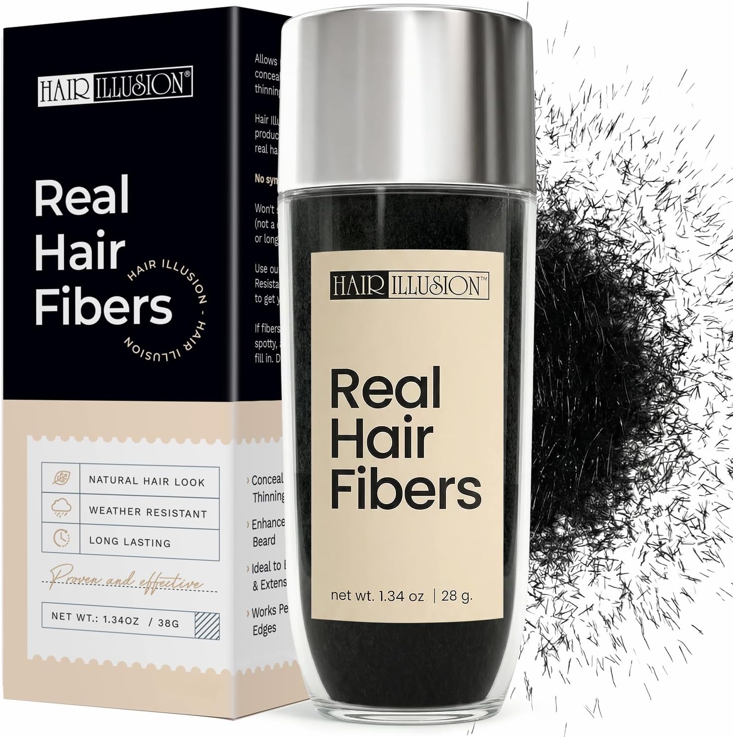 100% Natural Real Human Hair FibersNot Synthetic For Men & Women, Premium Large 38g Bottle (Black) 38 gram Black