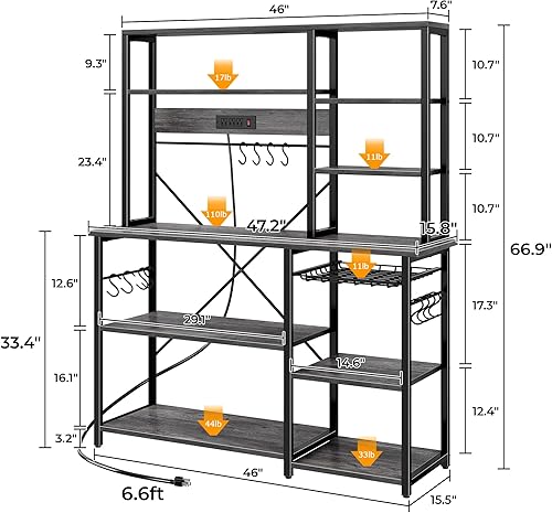 Miniatura 11 de SUPERJARE Estante grande para panaderos con tomas de corriente, soporte de microondas de 6 niveles, barra de café con 12 ganchos en forma de S,