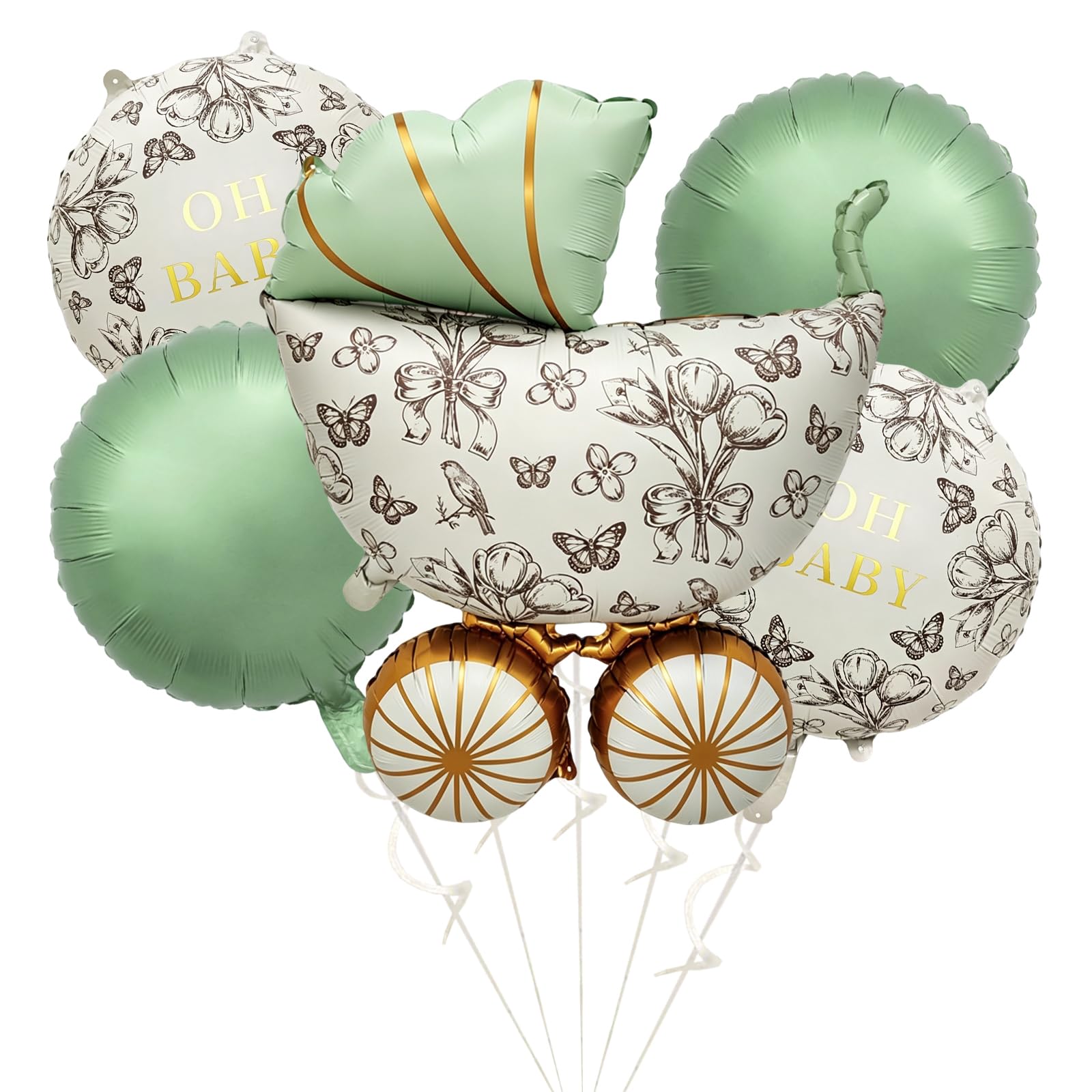 5pcs Oh Baby Foil Balloon Flower Motif Balloon Set Aluminum Foil Baby Stroller Balloons Round Balloons for Gender Reveal Party Decoration Birthdays Party Decoration