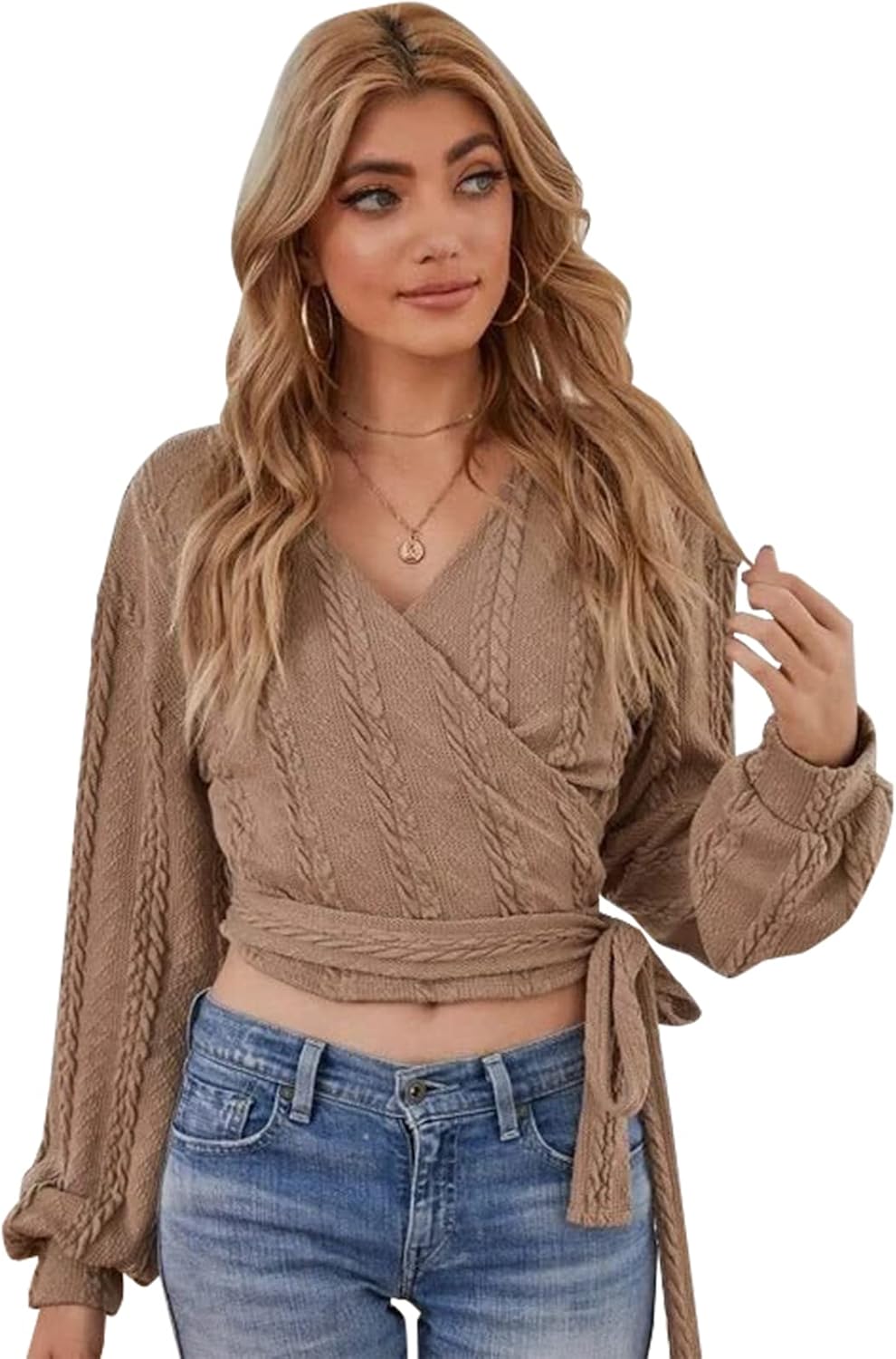ZAFUL Women's V Neck Sweater Lantern Long Sleeve Pullover Cable Knit Cross Crop Top Casual Tie Wrap Tunic Jumper Blouses - Image 2