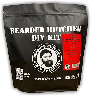 Bearded Butchers Hot Jerky Seasoning DIY Kit – Spicy Habanero Jerky Making Kit for Beef, Deer, Game Meat, & More – Includes Hot Seasoning & Pink Curing Salt – For Up to 25 lbs of Meat – Slow, Smooth Habanero Heat