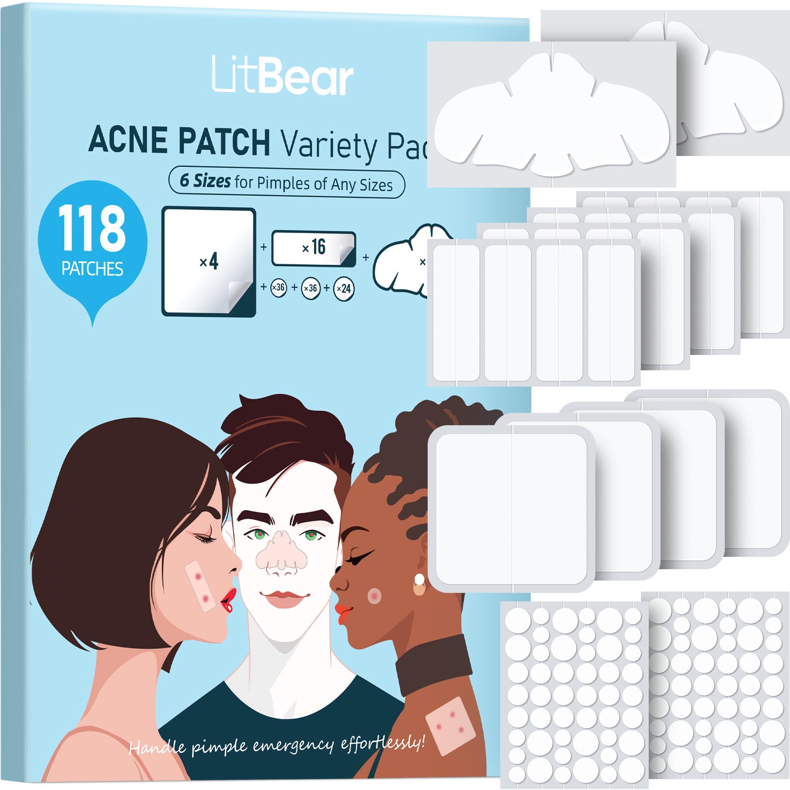 LitBear Large Pimple Patches for Face 6 Sizes 118 Pcs Big Hydrocolloid Acne Patches XL Hydrocolloid Bandages for